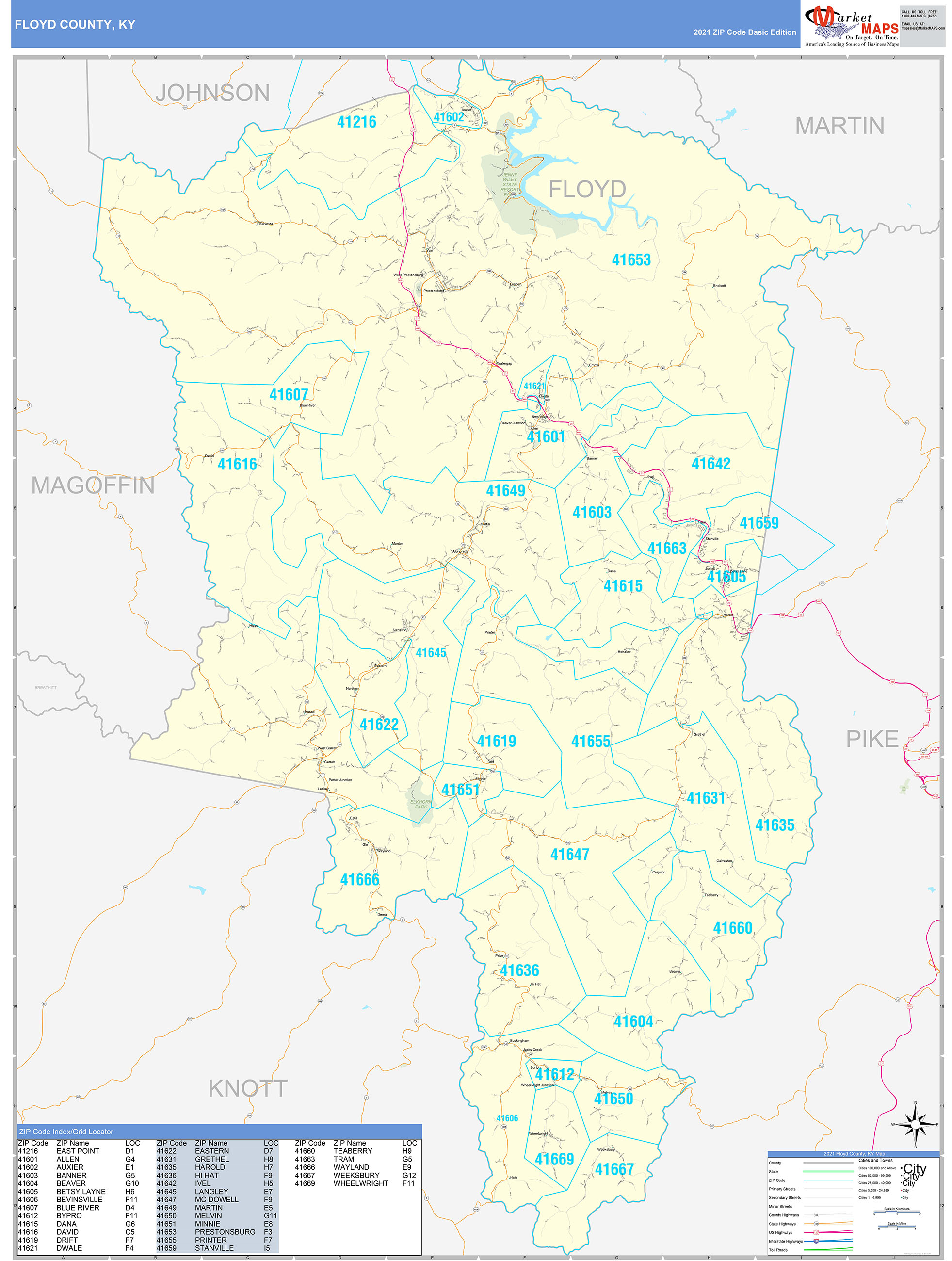 Floyd County, KY Zip Code Wall Map Basic Style by MarketMAPS MapSales
