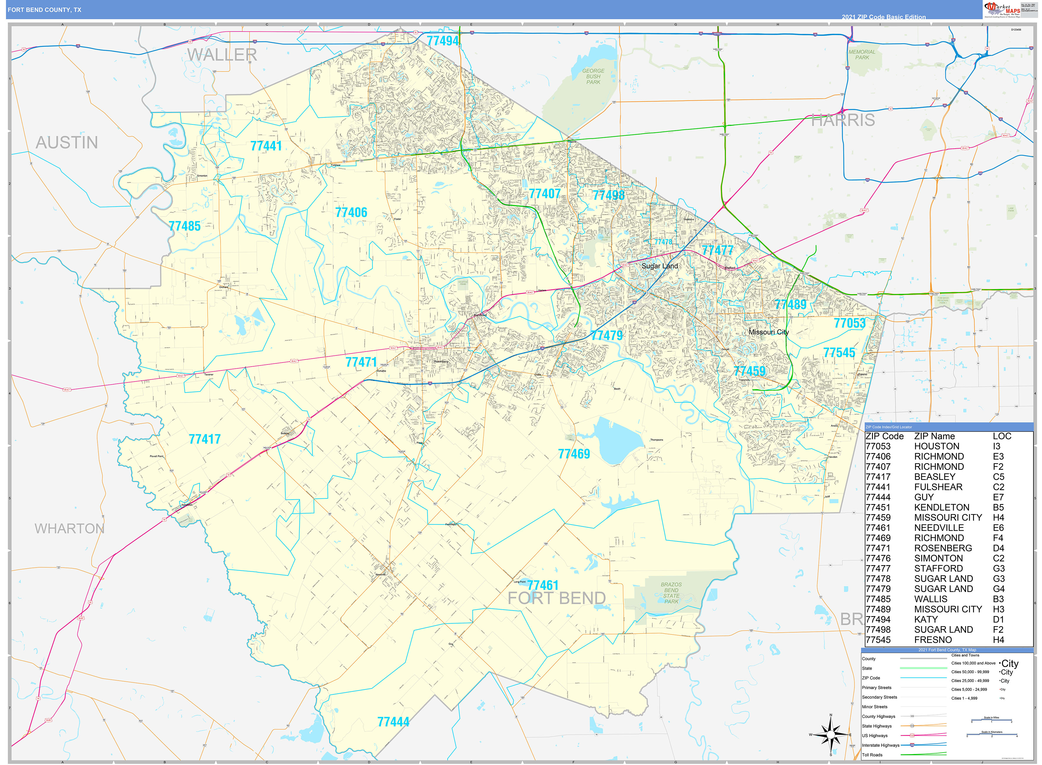 Fort Bend County, TX Zip Code Wall Map Basic Style by MarketMAPS MapSales