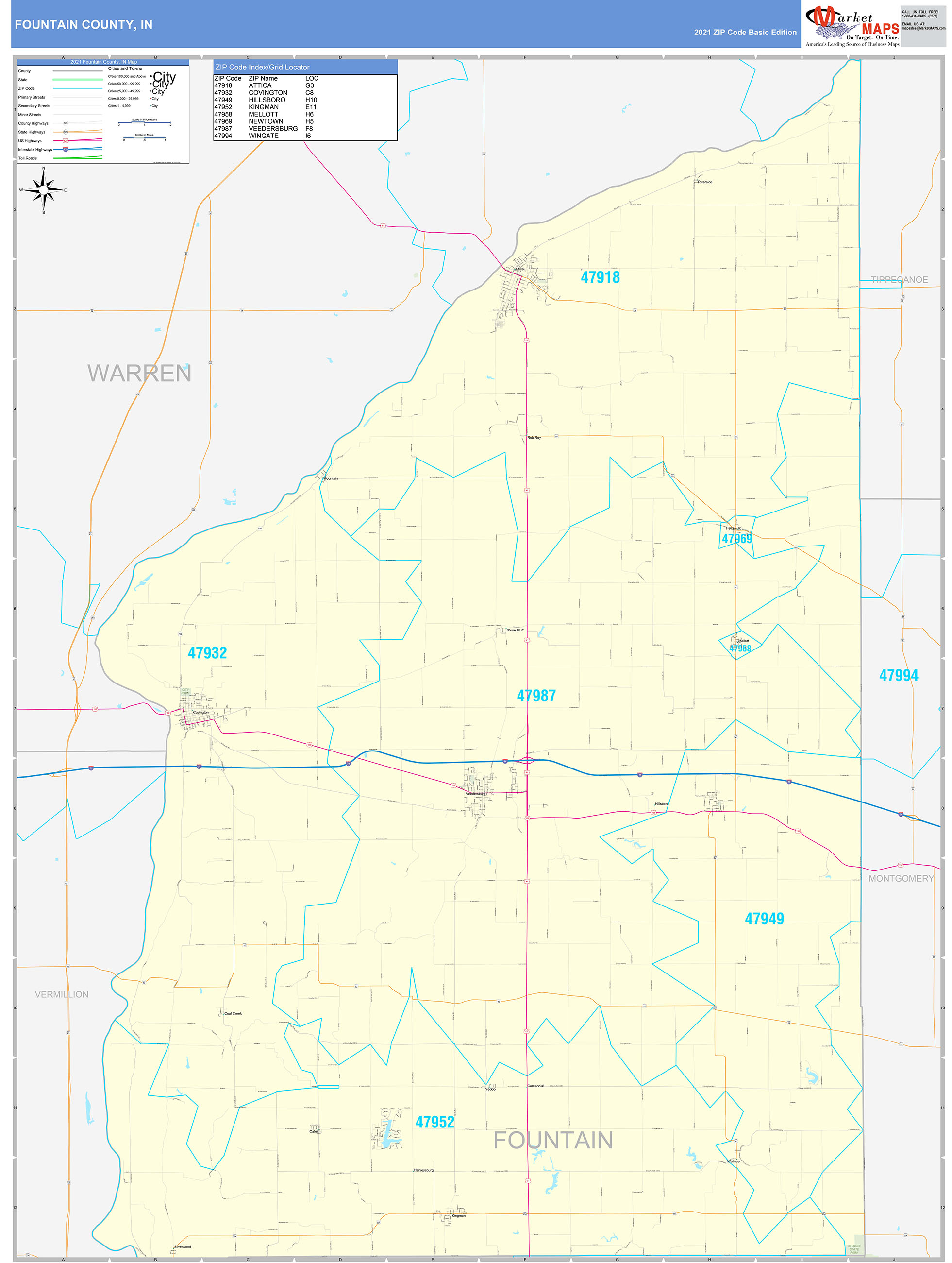 Fountain County, IN Zip Code Wall Map Basic Style by MarketMAPS