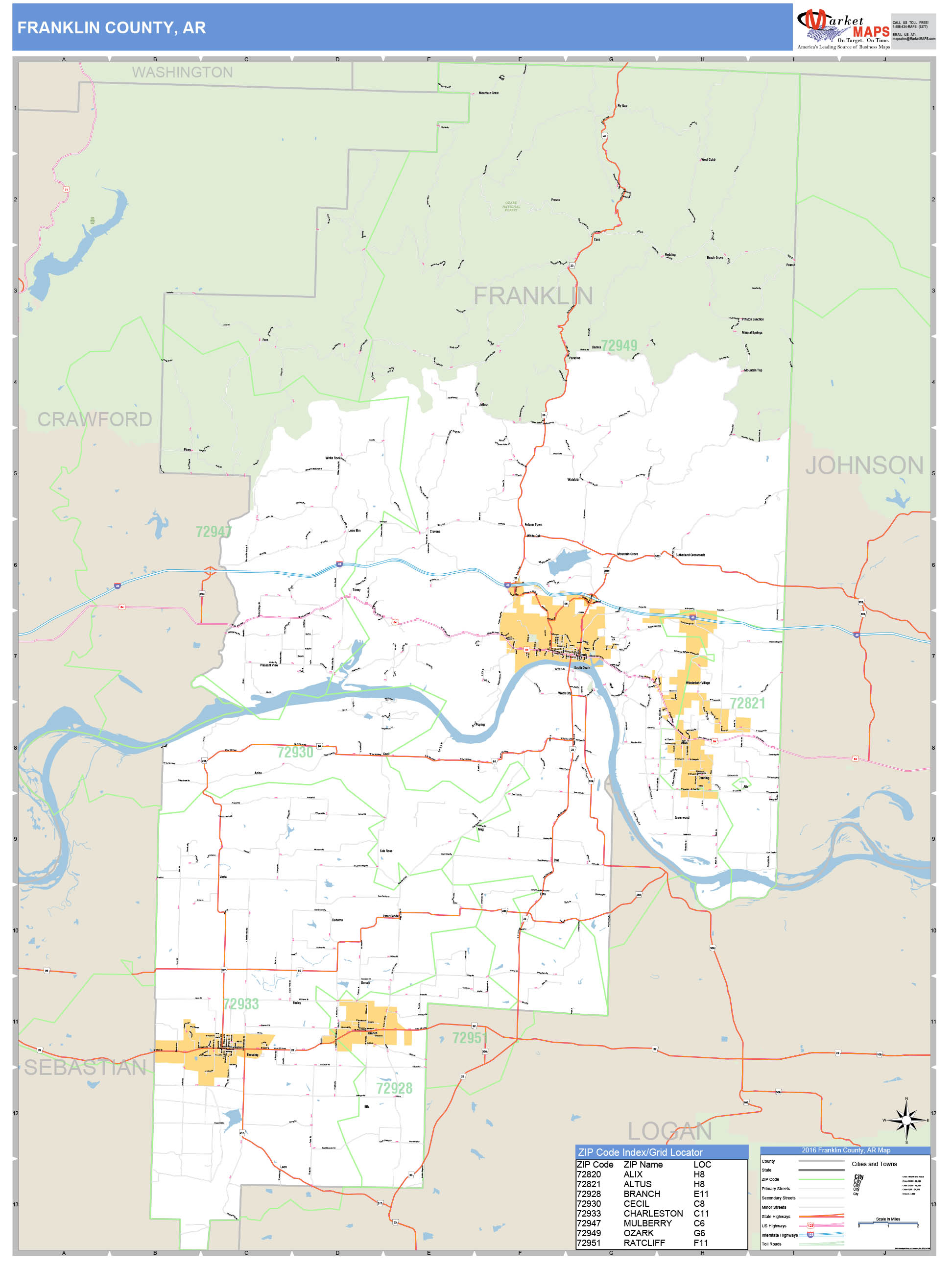 Franklin County, AR Zip Code Wall Map Basic Style by MarketMAPS
