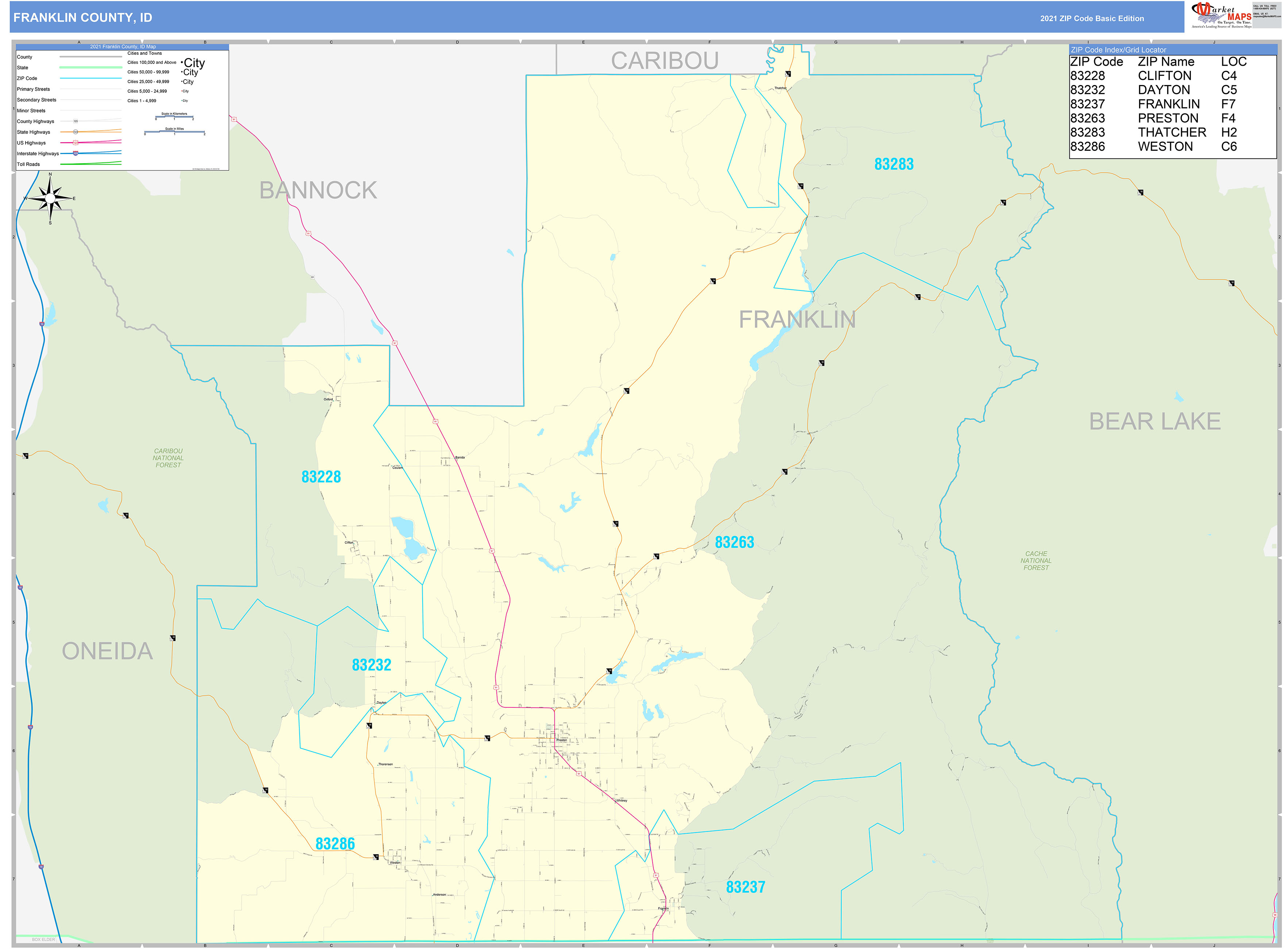 Franklin County, ID Zip Code Wall Map Basic Style by MarketMAPS MapSales