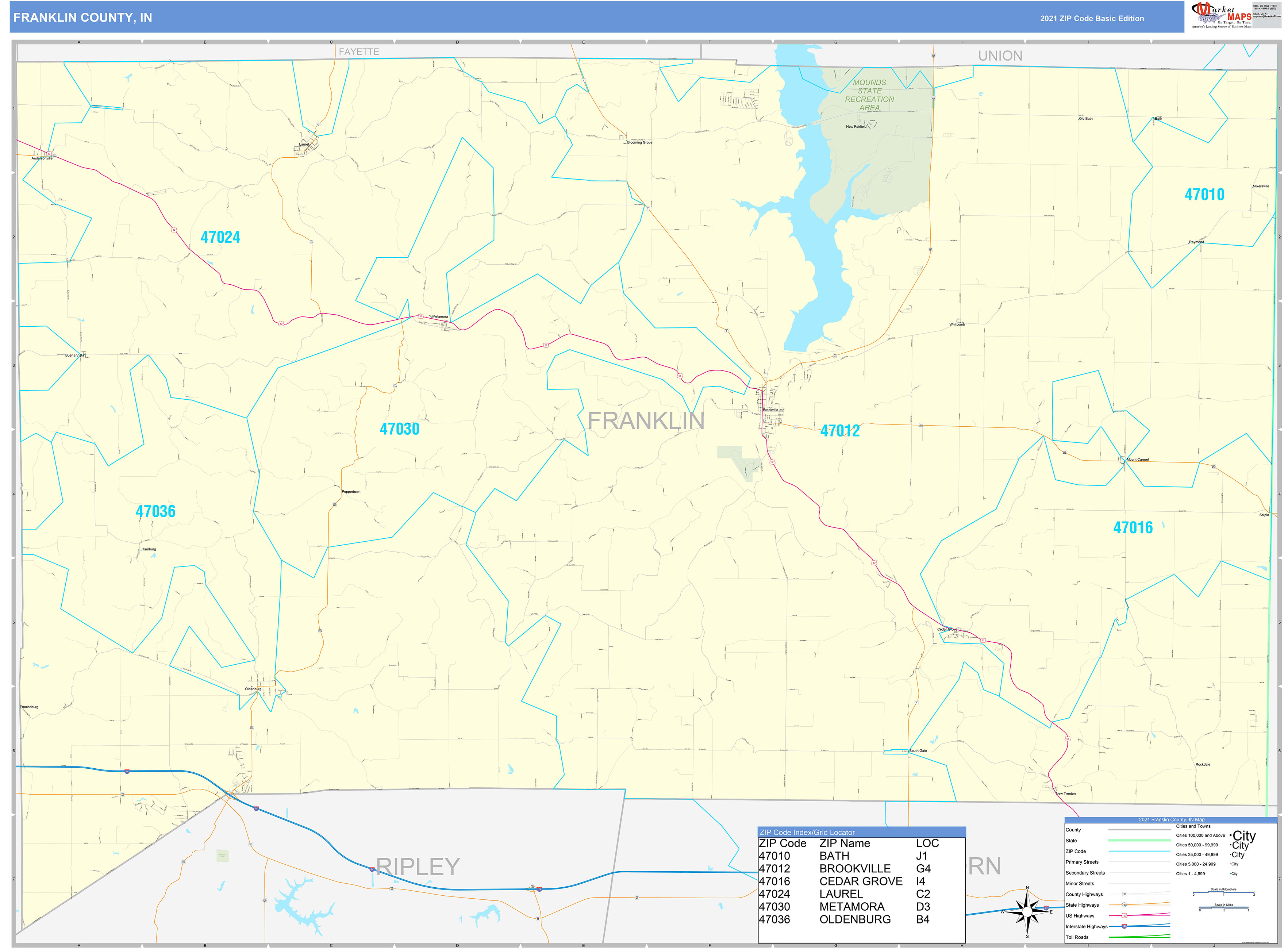 Franklin County, IN Zip Code Wall Map Basic Style by MarketMAPS