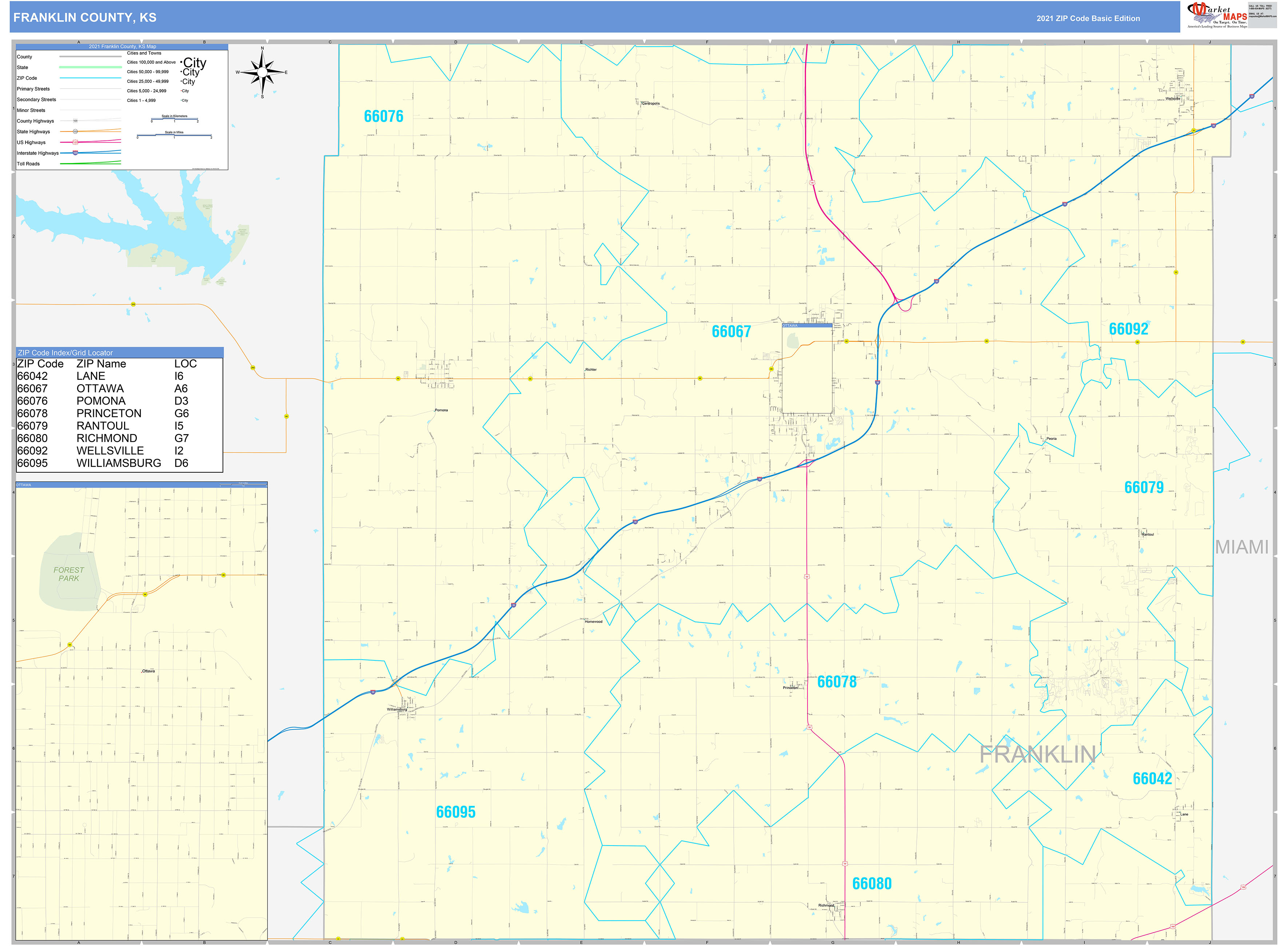 franklin-county-ks-zip-code-wall-map-basic-style-by-marketmaps