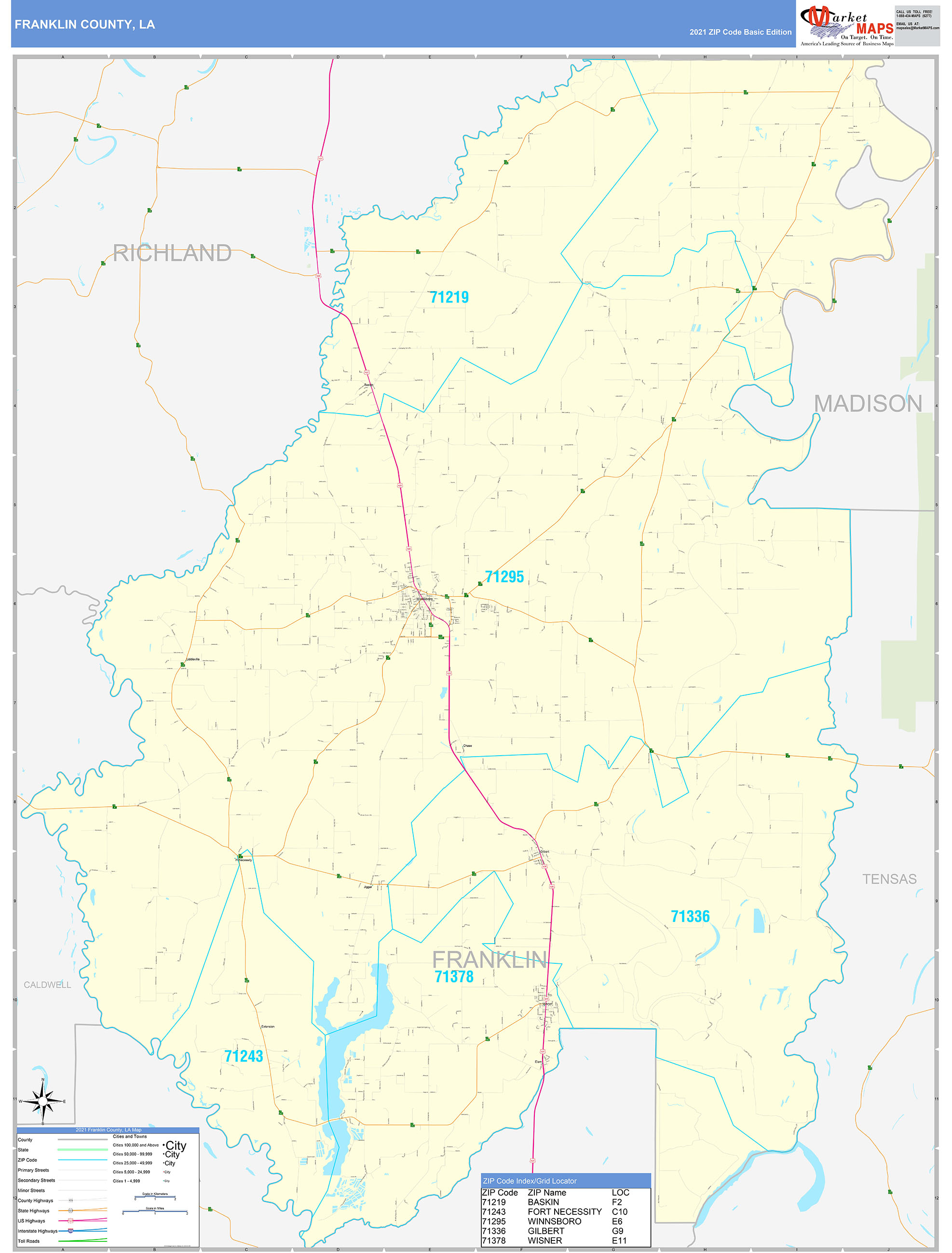 Franklin County, LA Zip Code Wall Map Basic Style by MarketMAPS