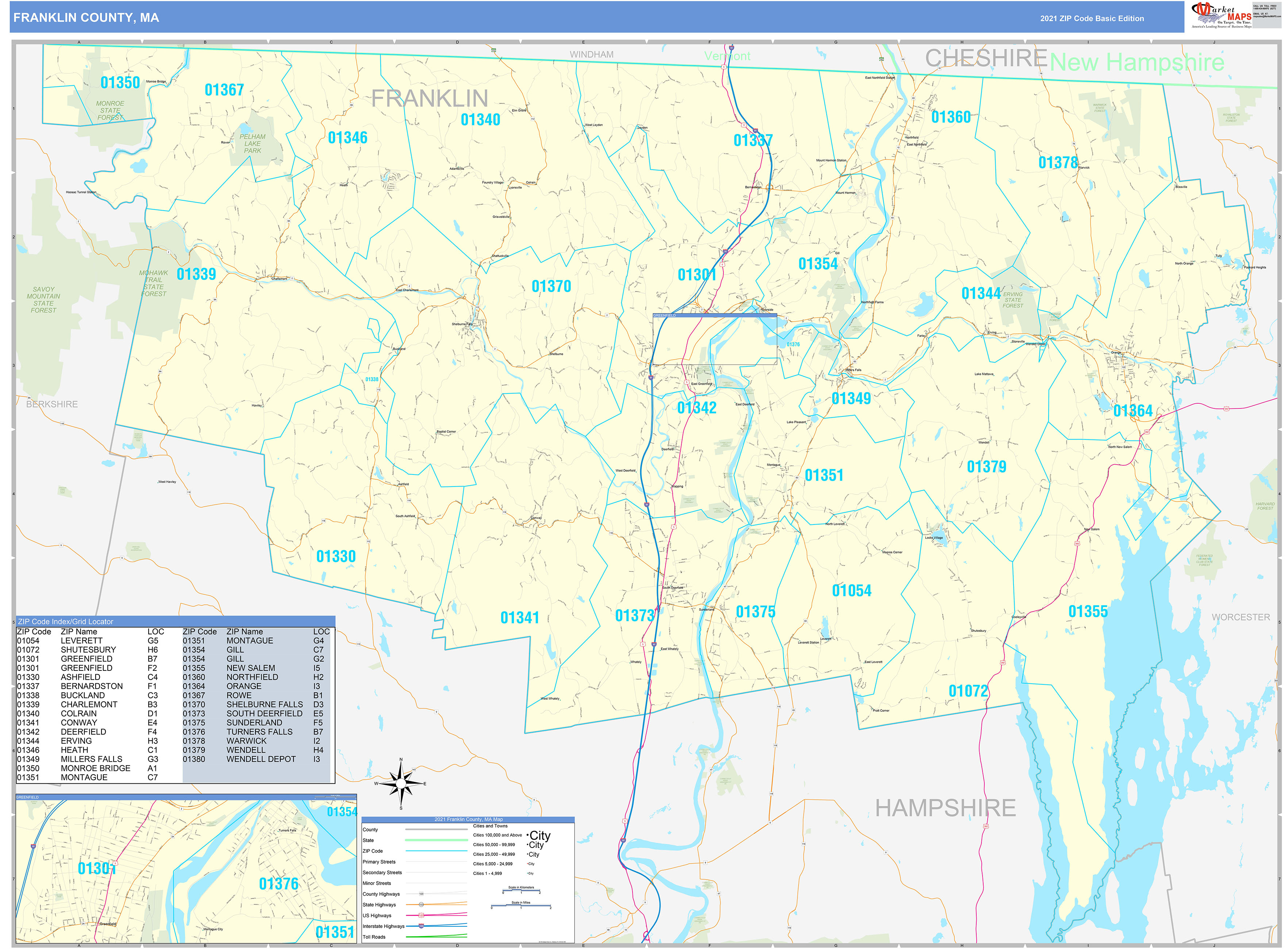 Franklin County, MA Zip Code Wall Map Basic Style by MarketMAPS - MapSales