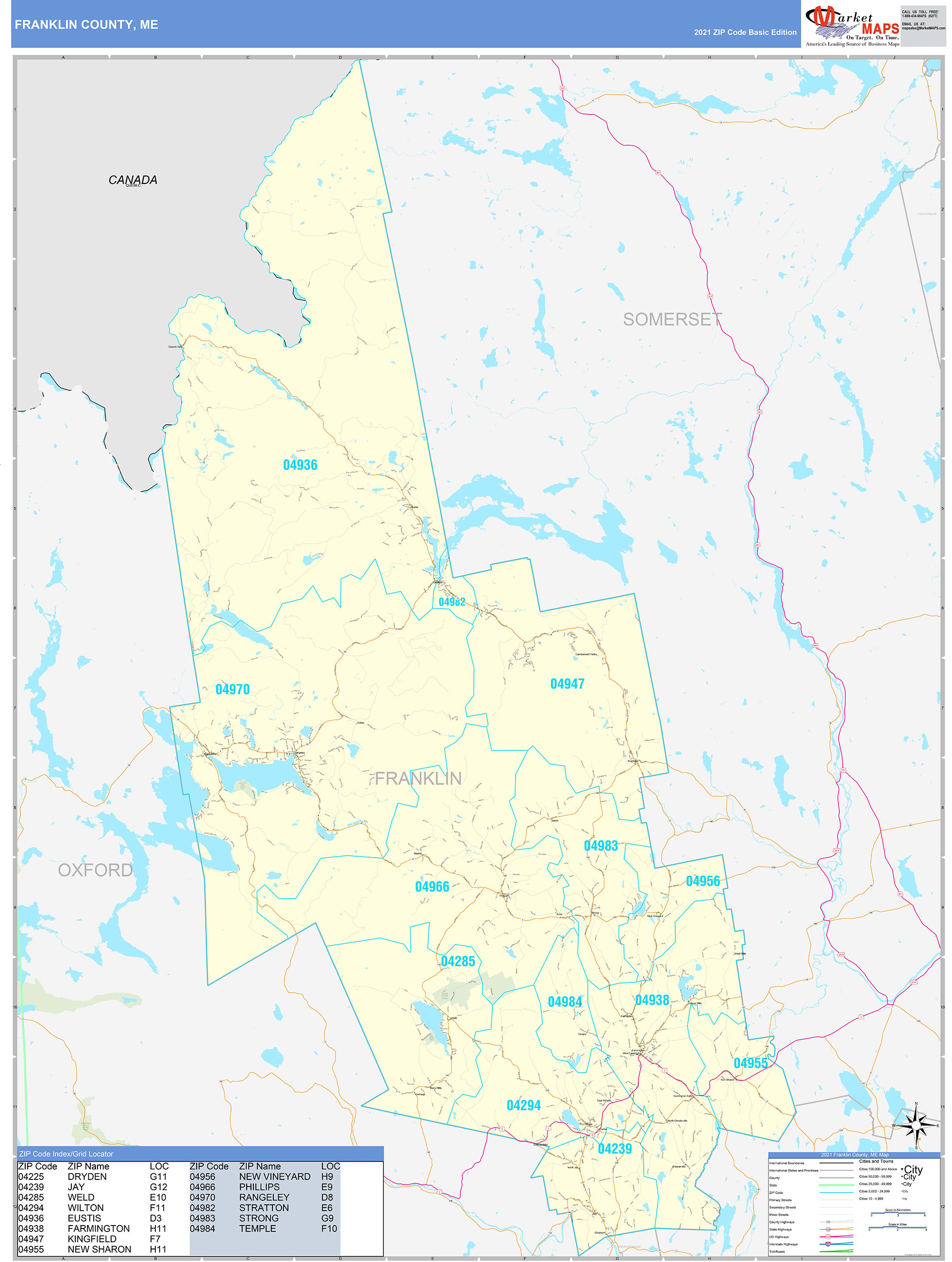 Franklin County, ME Zip Code Wall Map Basic Style by MarketMAPS