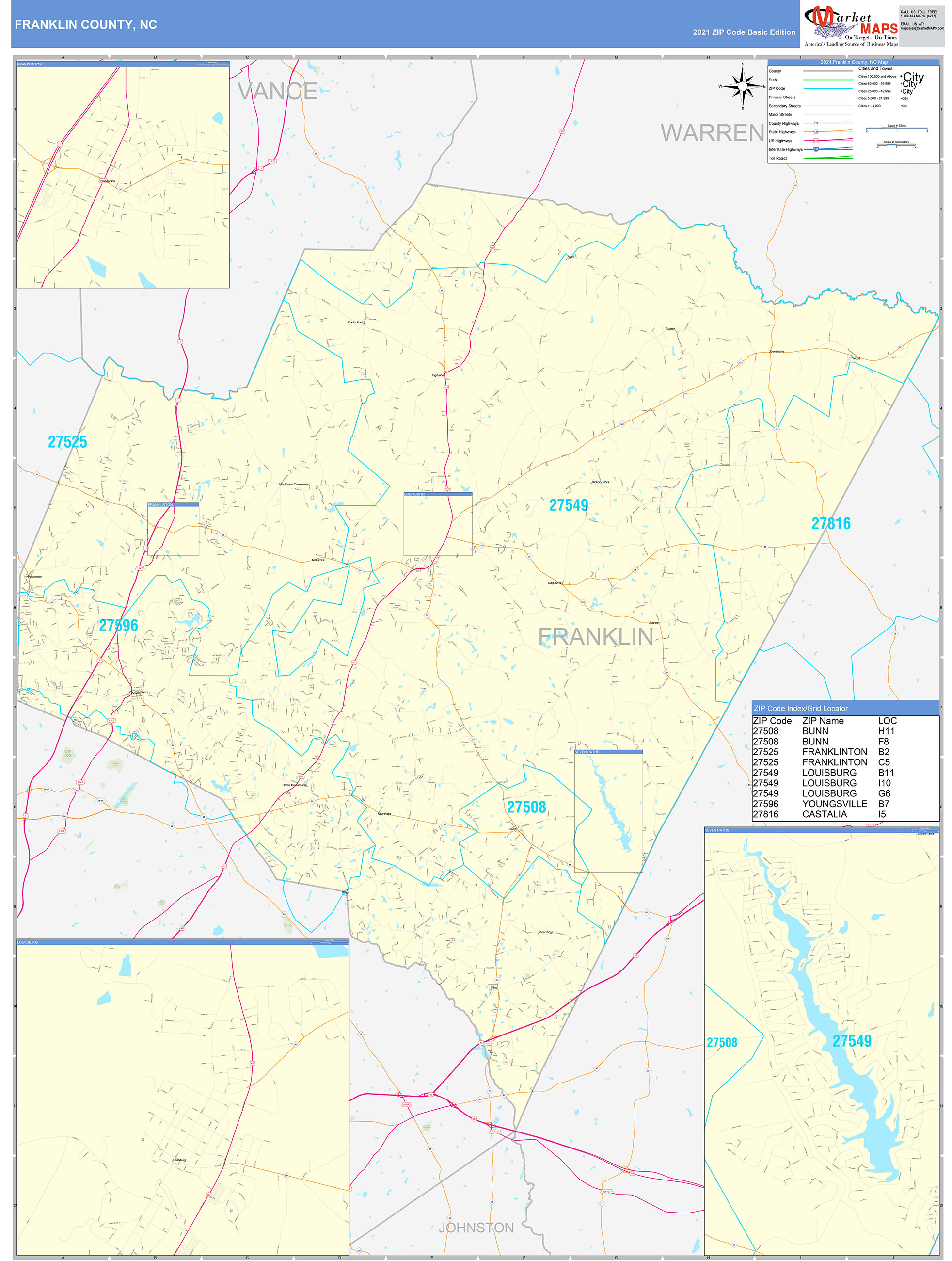 Franklin County NC Zip Code Wall Map Basic Style By MarketMAPS MapSales