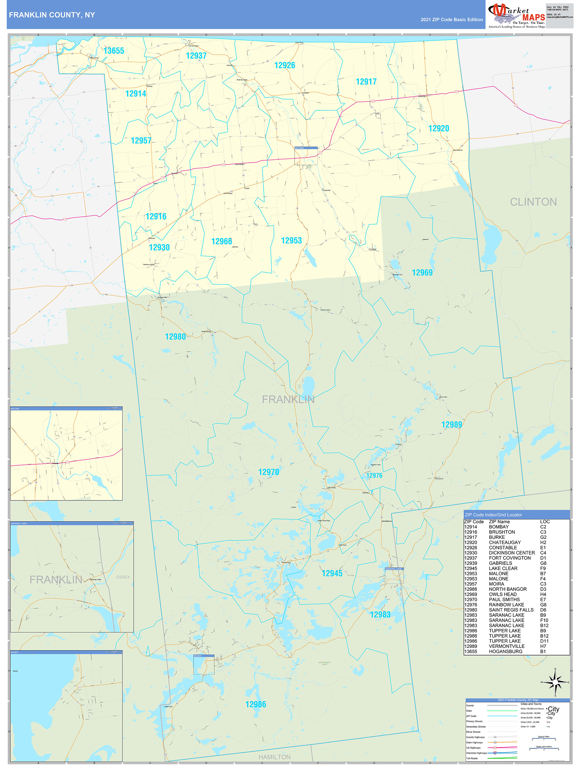 Franklin County, NY Zip Code Wall Map Basic Style by MarketMAPS