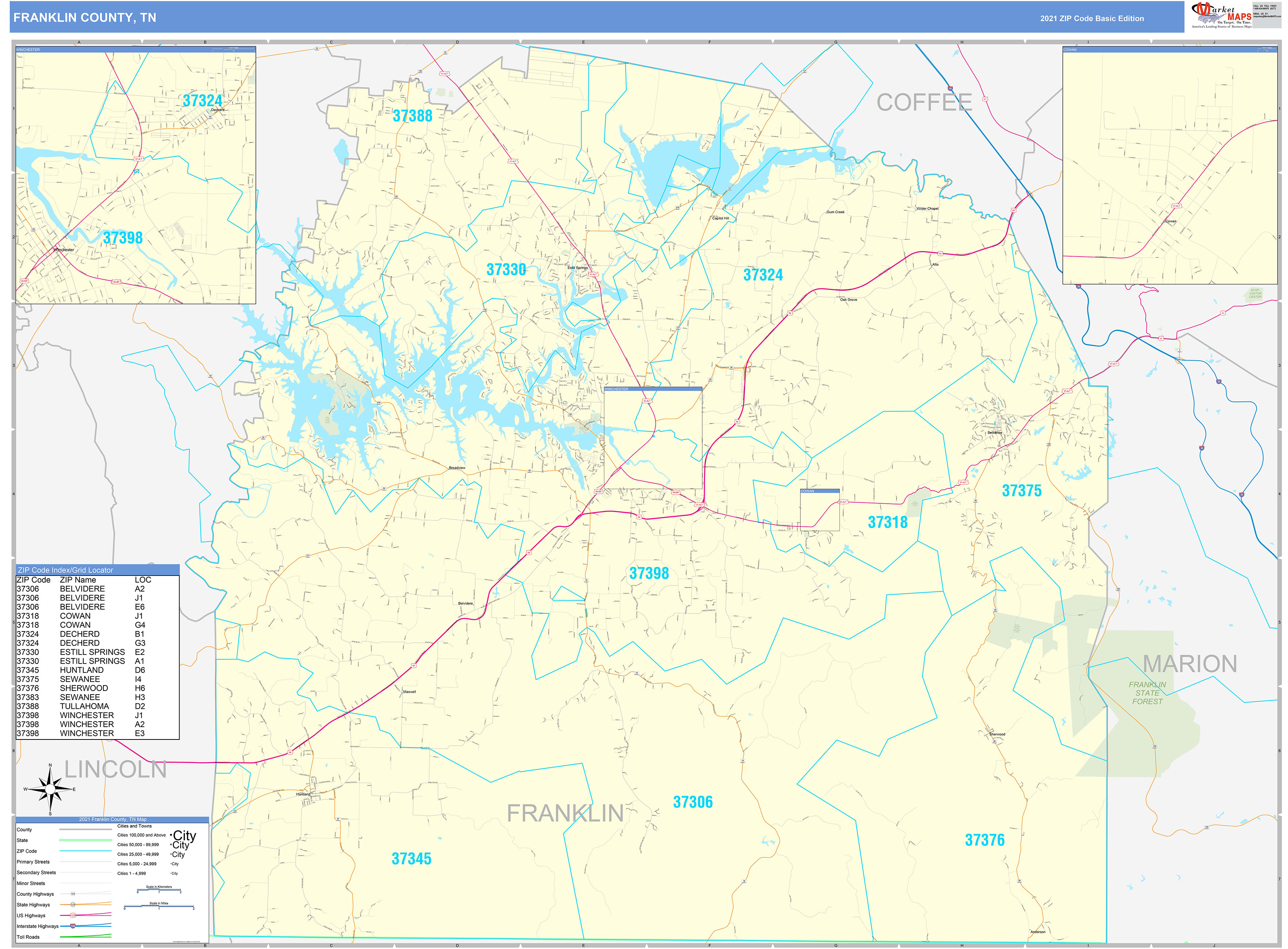 Franklin County, TN Zip Code Wall Map Basic Style by MarketMAPS MapSales