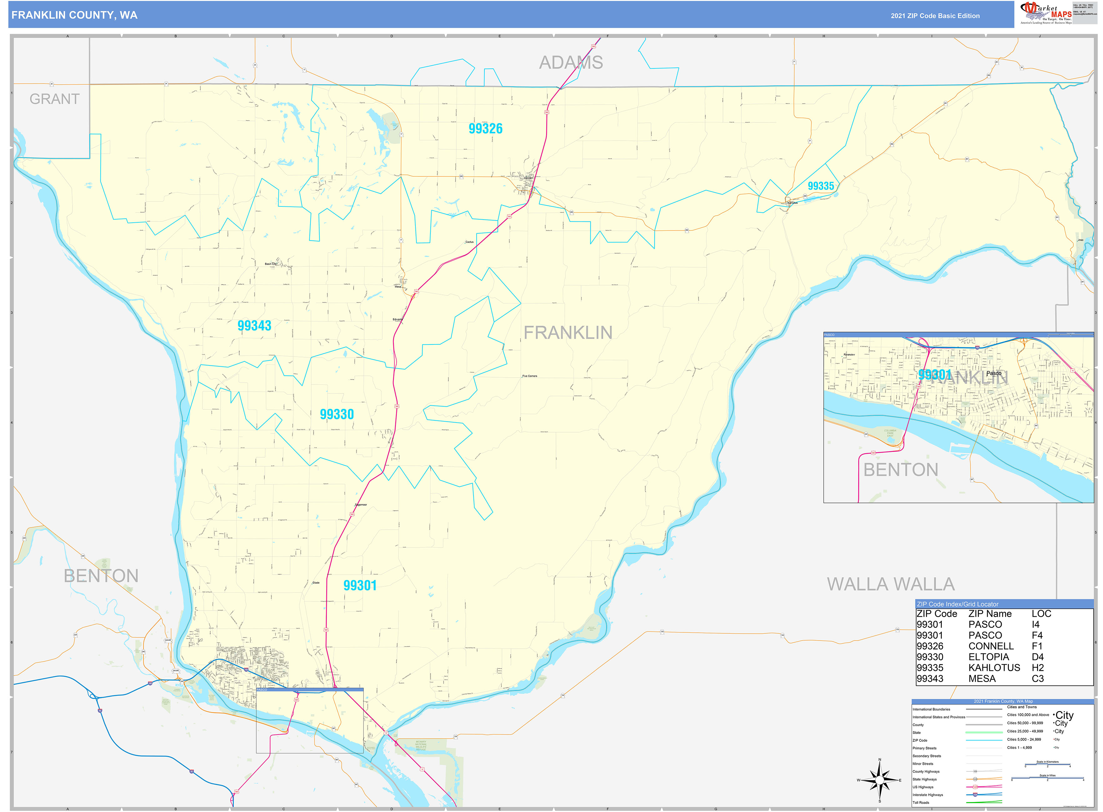 Franklin County, WA Zip Code Wall Map Basic Style by MarketMAPS MapSales