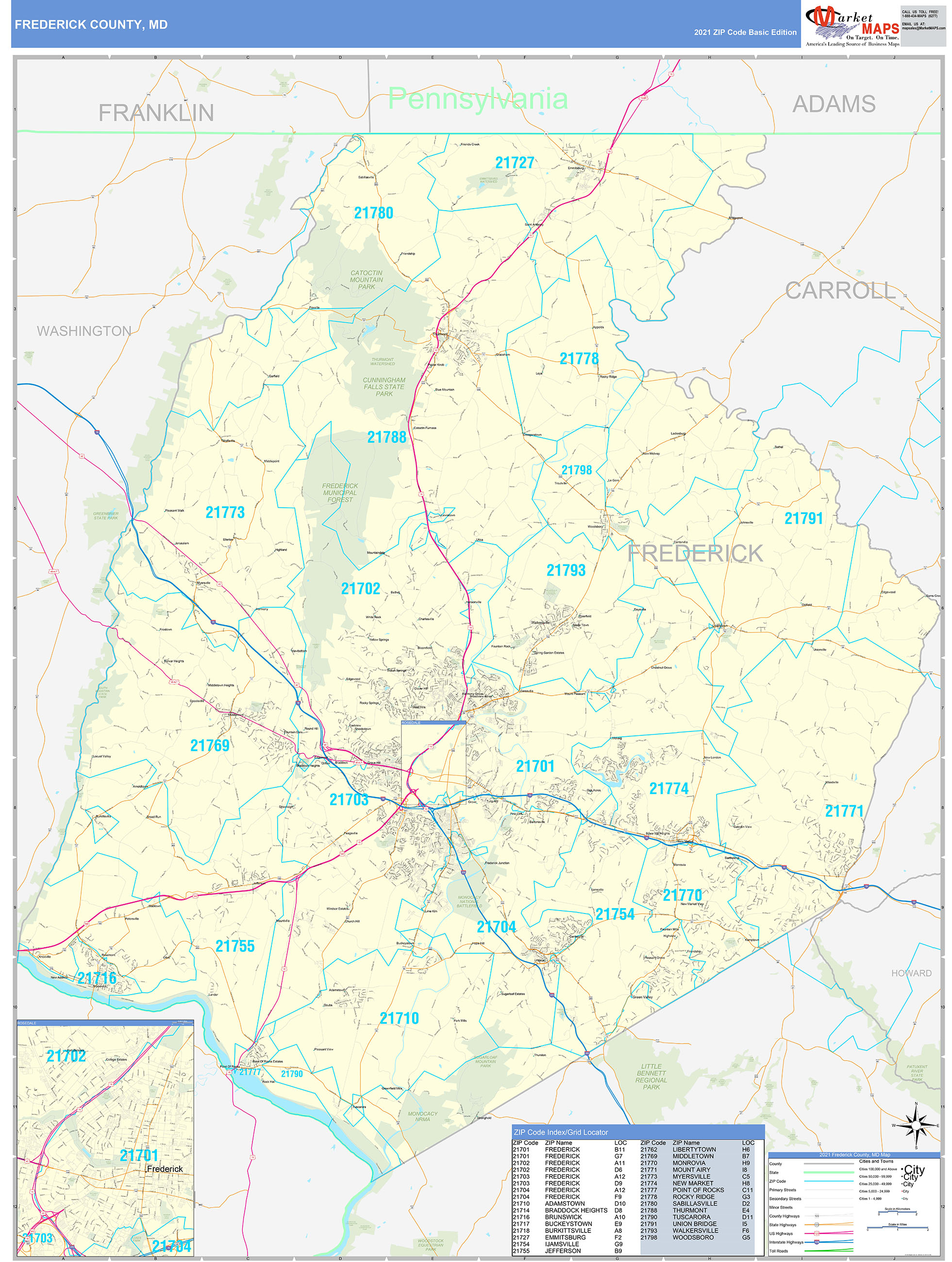 Frederick County, MD Zip Code Wall Map Basic Style by MarketMAPS MapSales