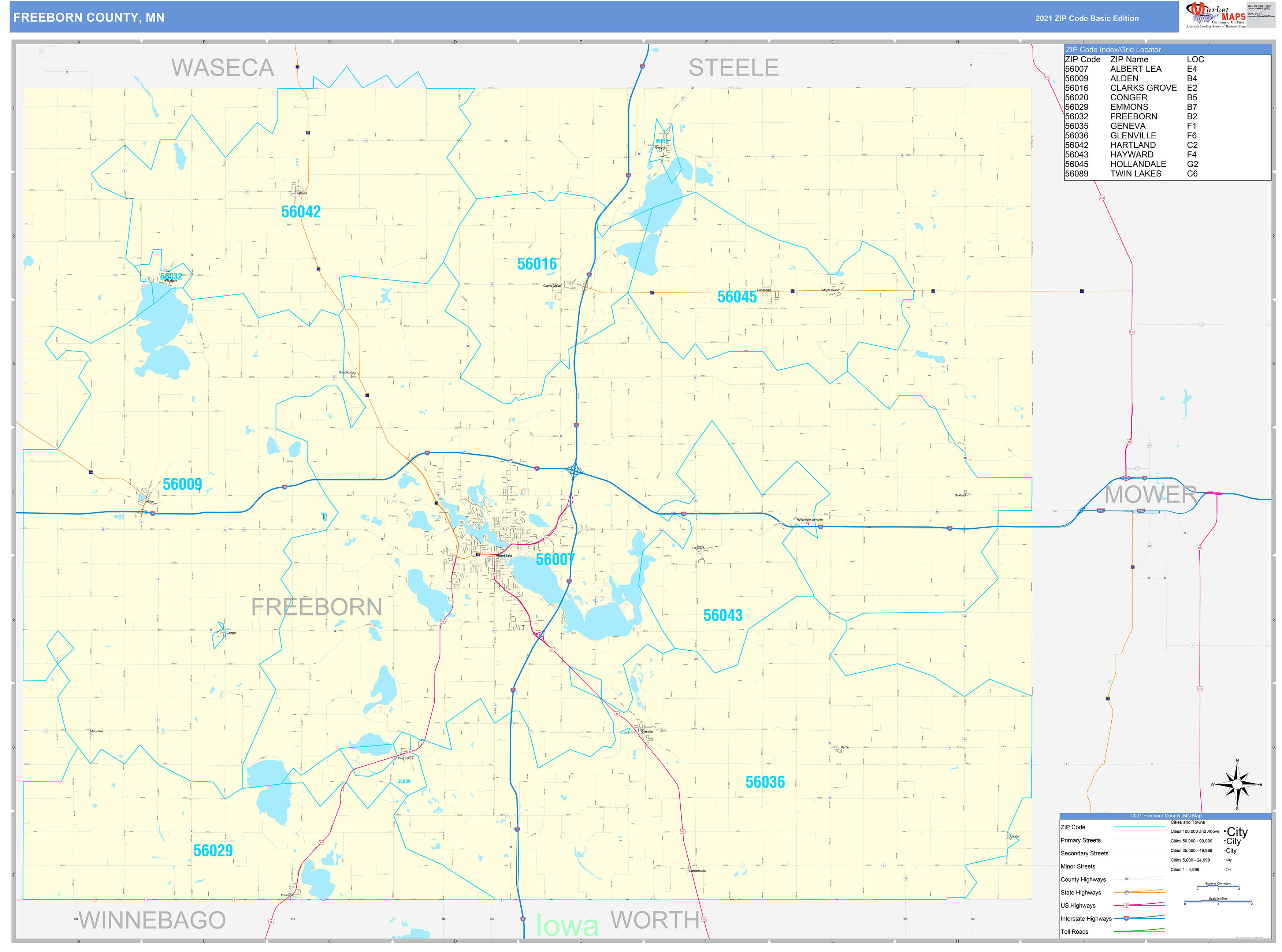 Freeborn County, MN Zip Code Wall Map Basic Style by MarketMAPS MapSales