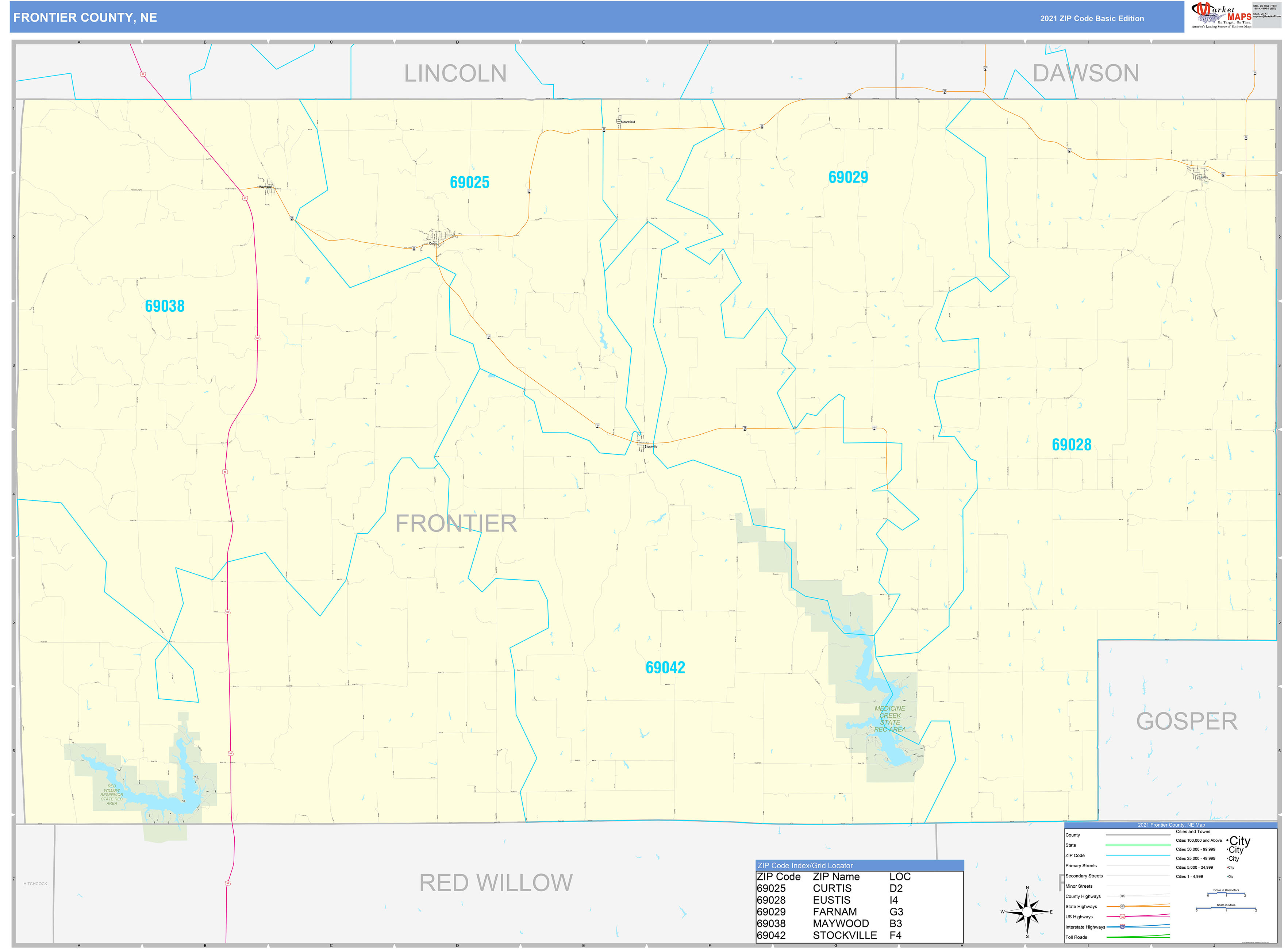 Frontier County, NE Zip Code Wall Map Basic Style by MarketMAPS