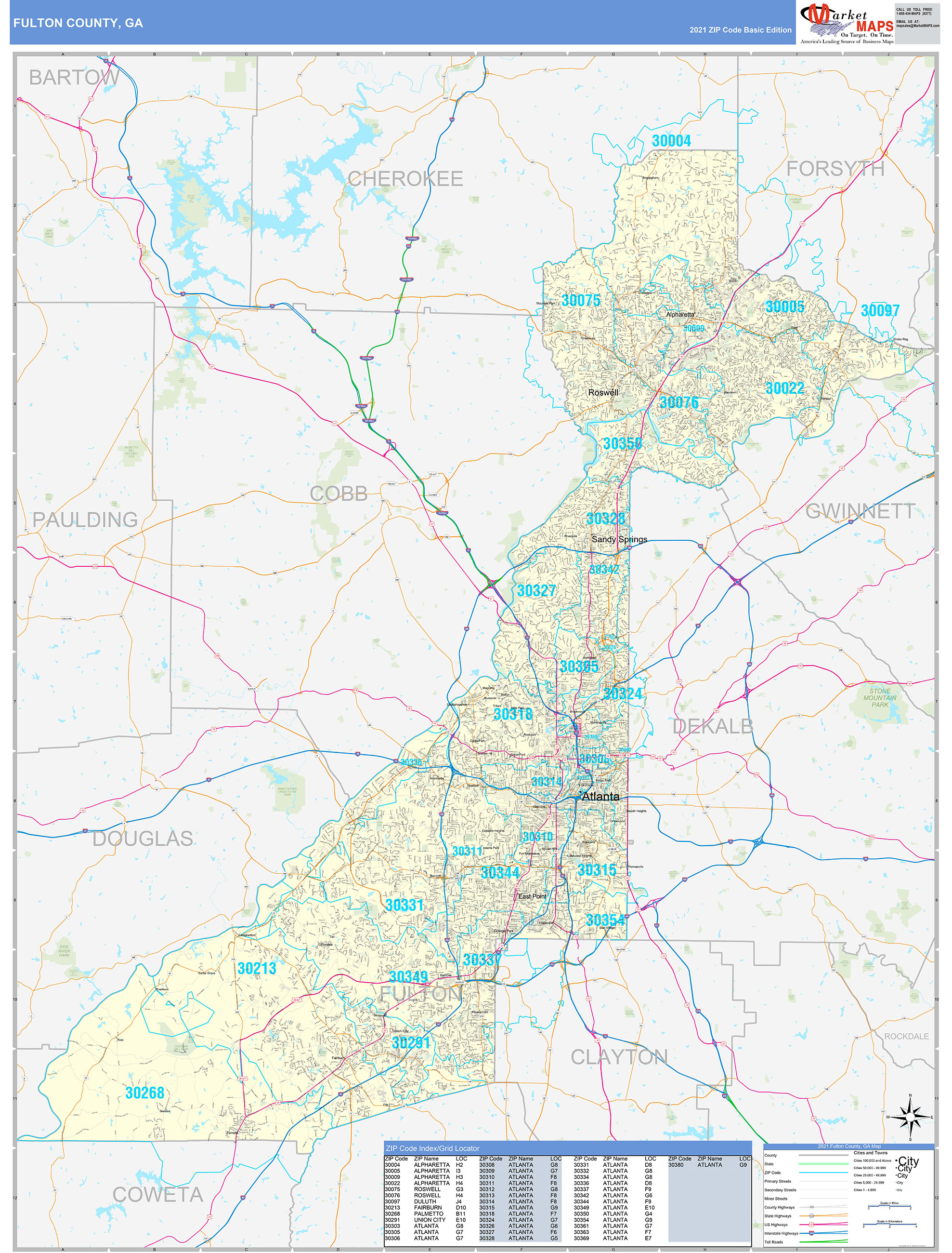 Fulton County, GA Zip Code Wall Map Basic Style by MarketMAPS MapSales