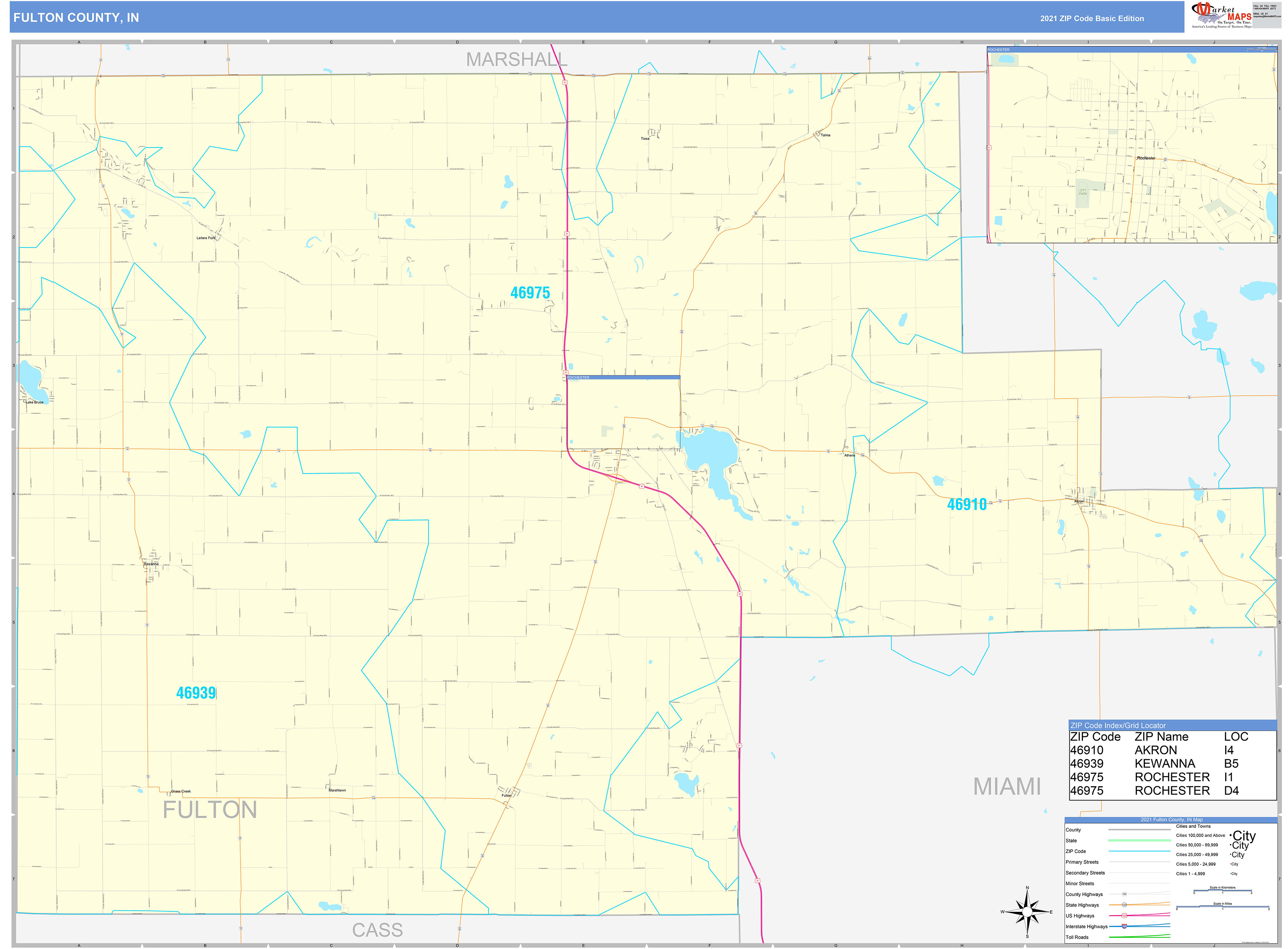 Fulton County, IN Zip Code Wall Map Basic Style by MarketMAPS MapSales