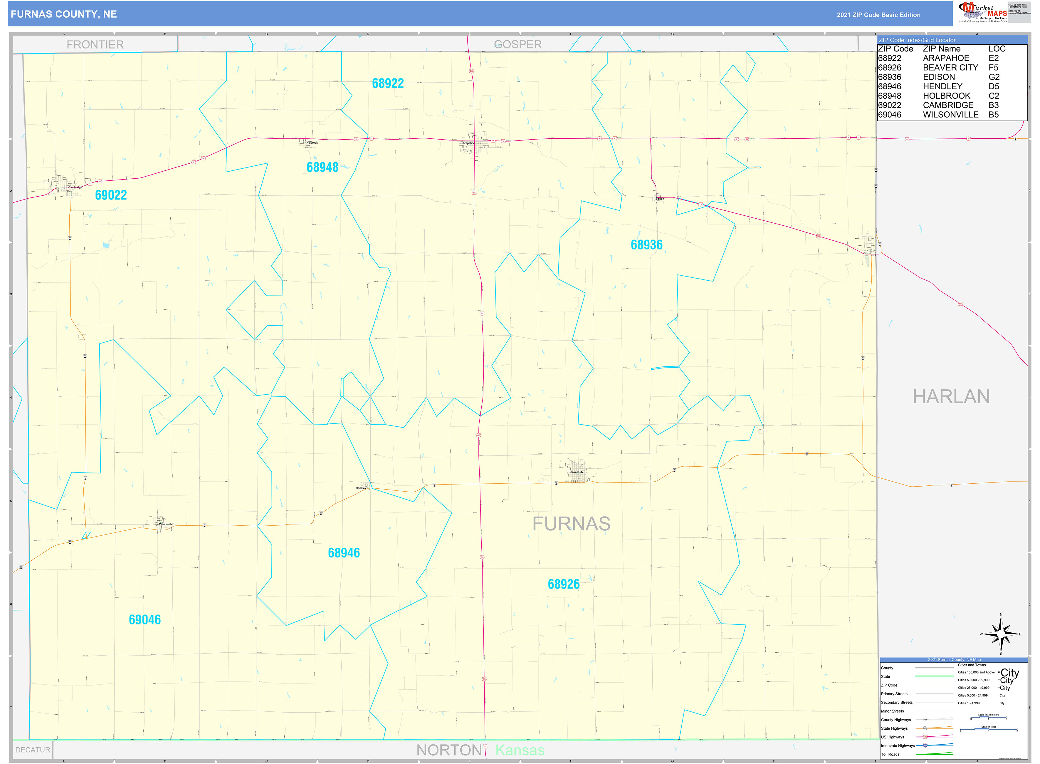 Furnas County, NE Zip Code Wall Map Basic Style by MarketMAPS