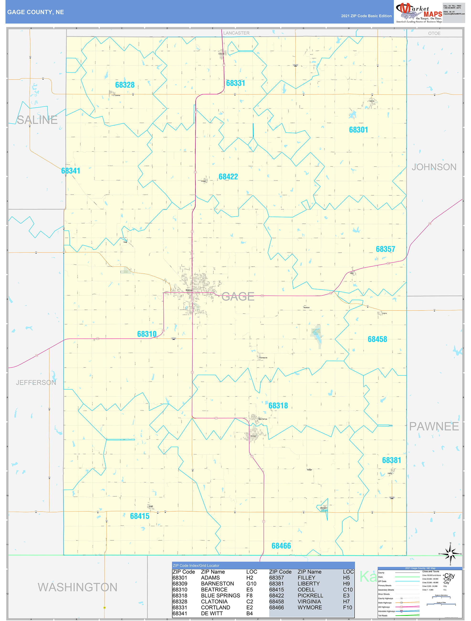 Gage County, NE Zip Code Wall Map Basic Style by MarketMAPS MapSales