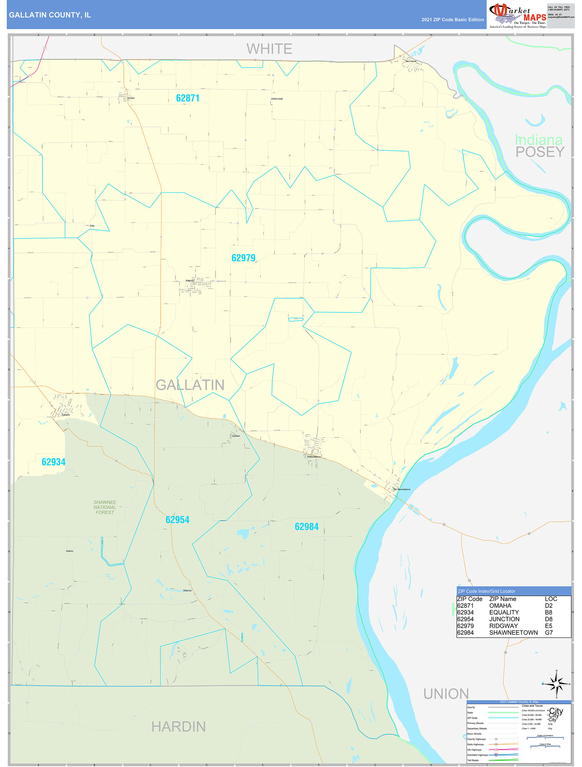 Gallatin County, IL Zip Code Wall Map Basic Style by MarketMAPS MapSales