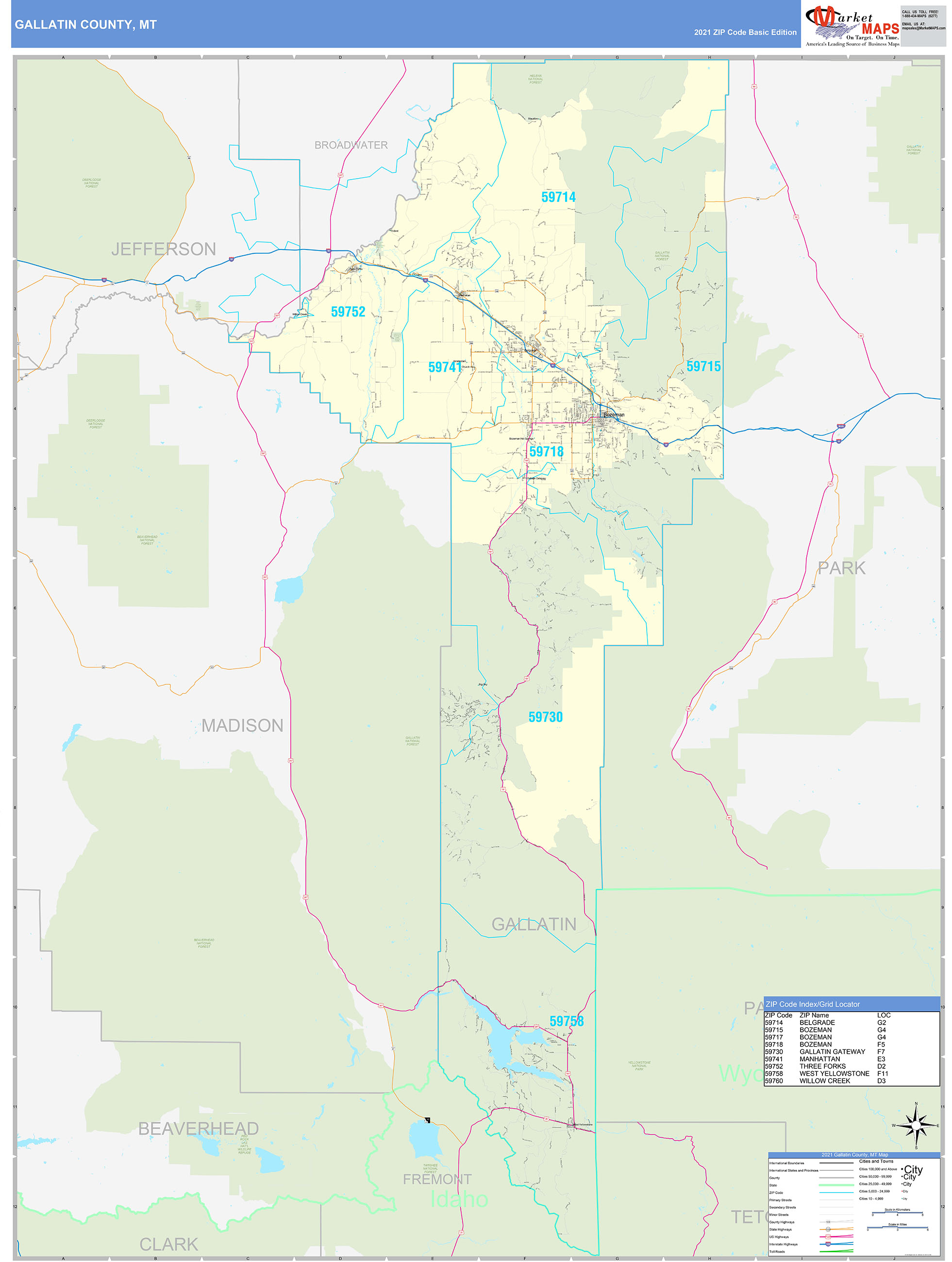 Gallatin County, MT Zip Code Wall Map Basic Style by MarketMAPS MapSales
