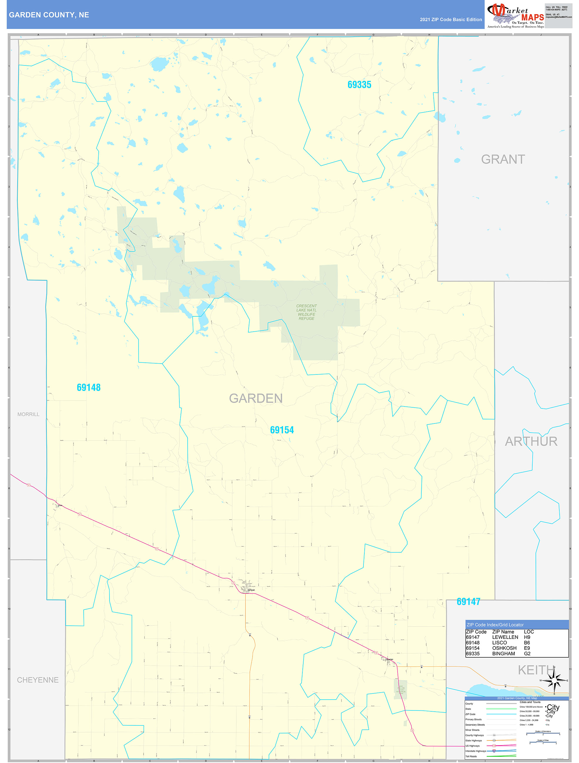 Garden County, NE Zip Code Wall Map Basic Style by MarketMAPS MapSales