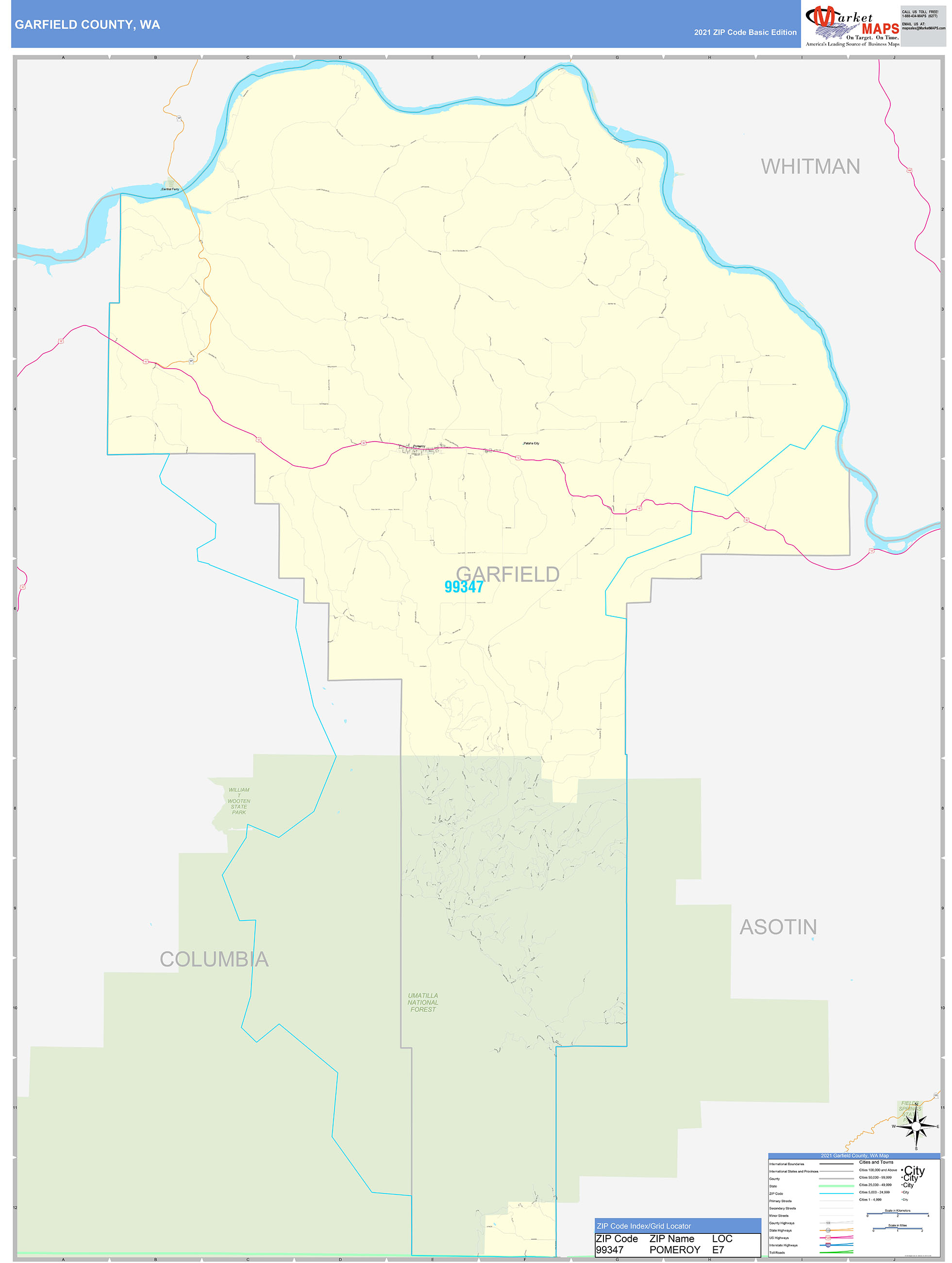 Garfield County, WA Zip Code Wall Map Basic Style by MarketMAPS MapSales