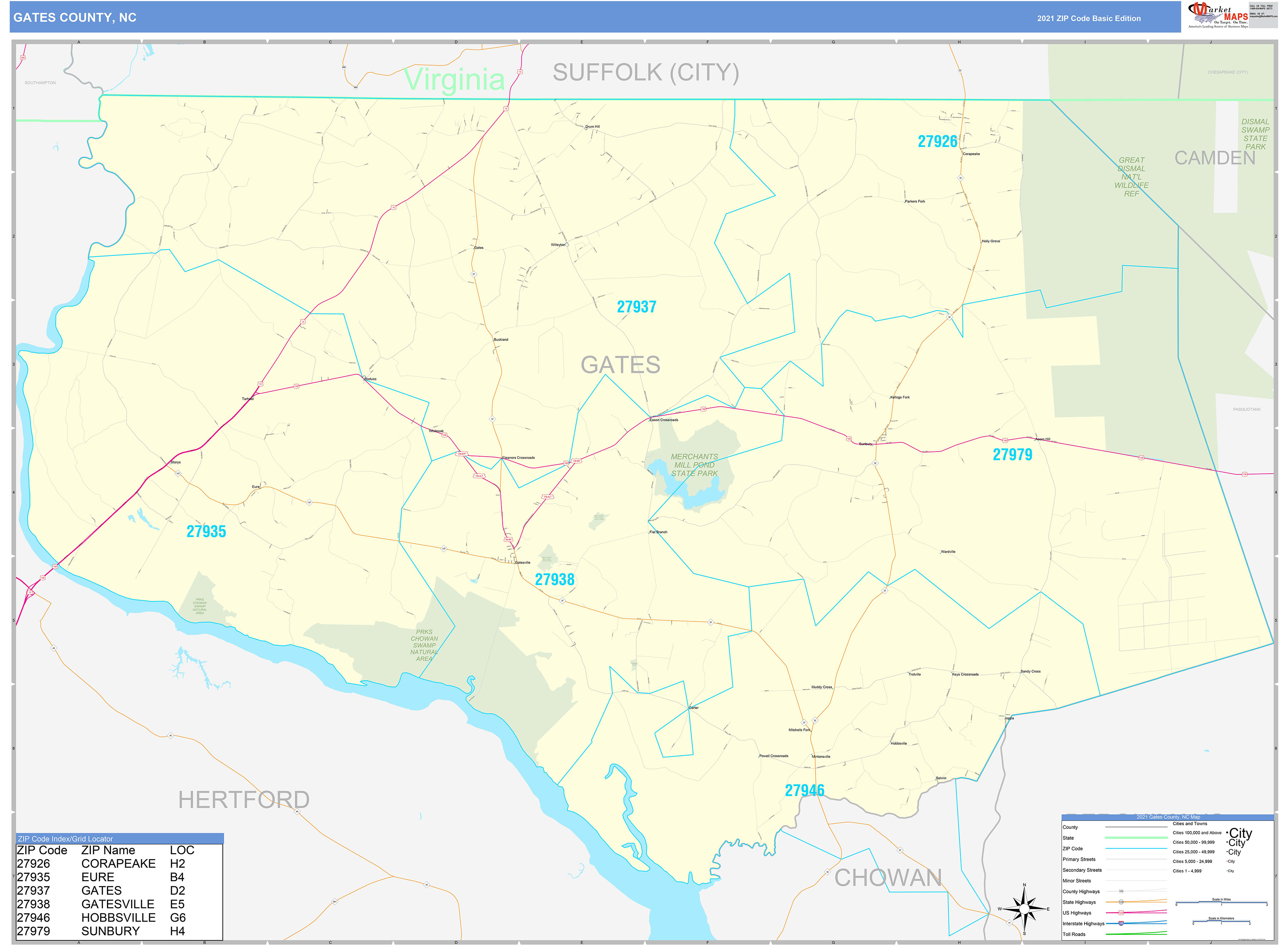 Gates County, NC Zip Code Wall Map Basic Style by MarketMAPS MapSales
