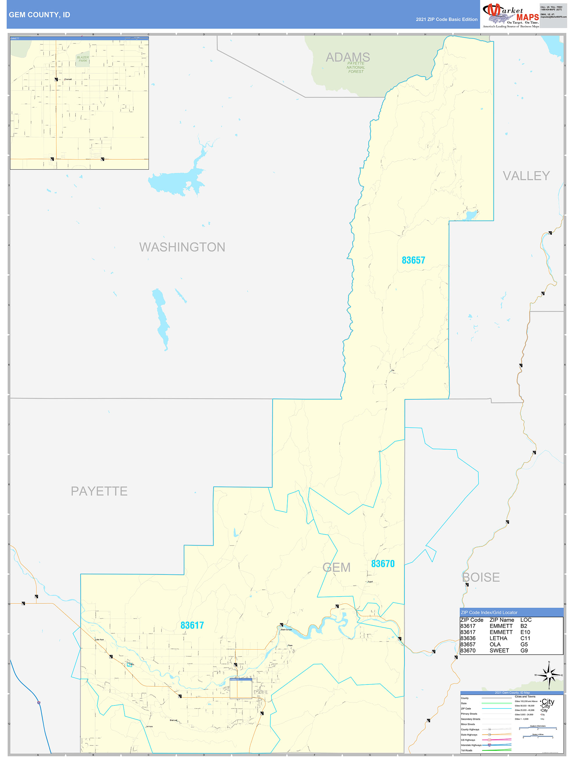 Gem County, ID Zip Code Wall Map Basic Style by MarketMAPS MapSales