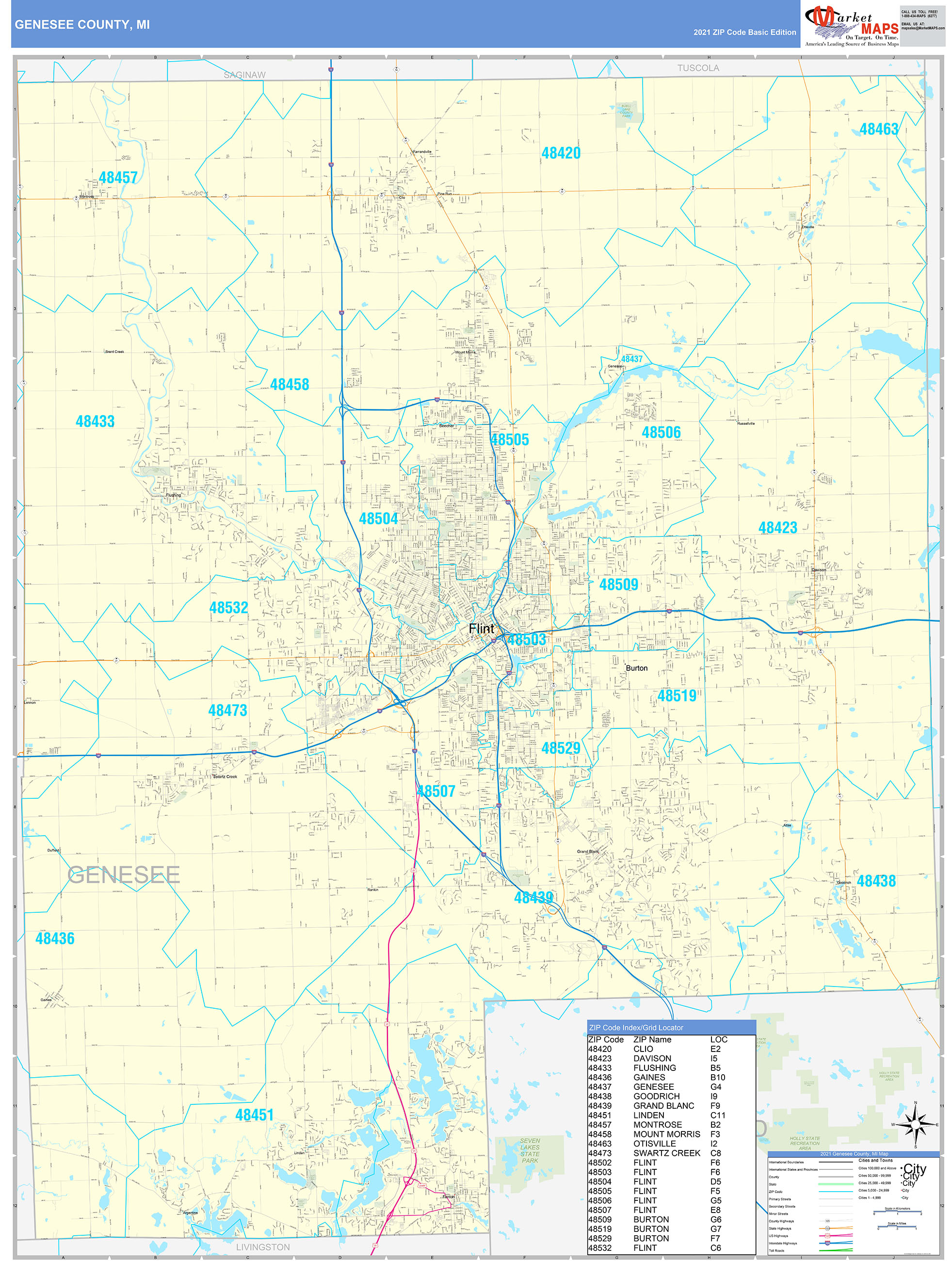 Genesee County, MI Zip Code Wall Map Basic Style by MarketMAPS MapSales
