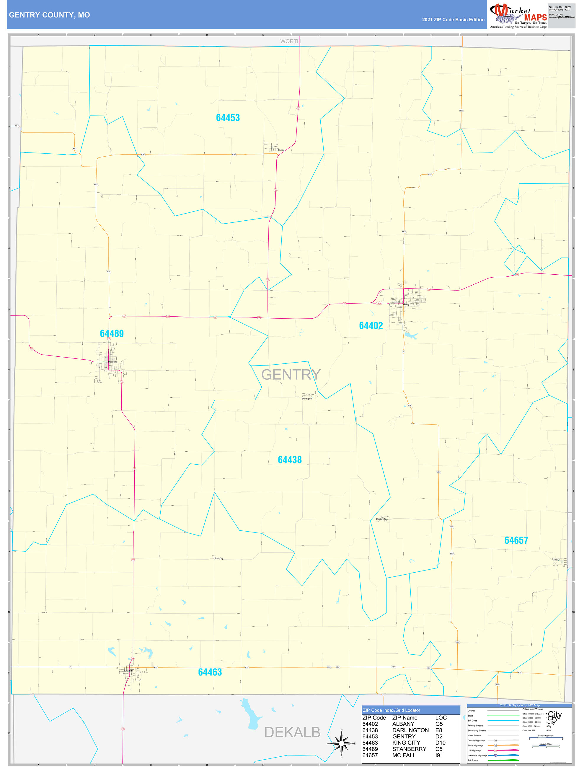 Gentry County, MO Zip Code Wall Map Basic Style by MarketMAPS