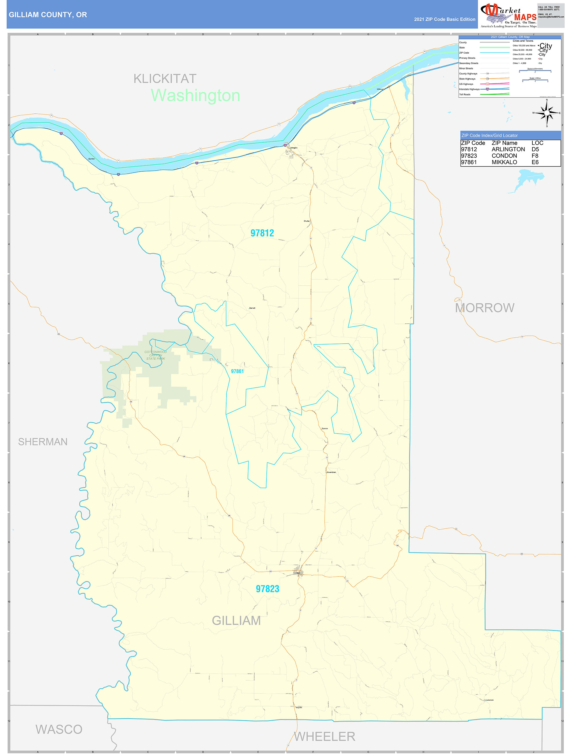Gilliam County, OR Zip Code Wall Map Basic Style by MarketMAPS