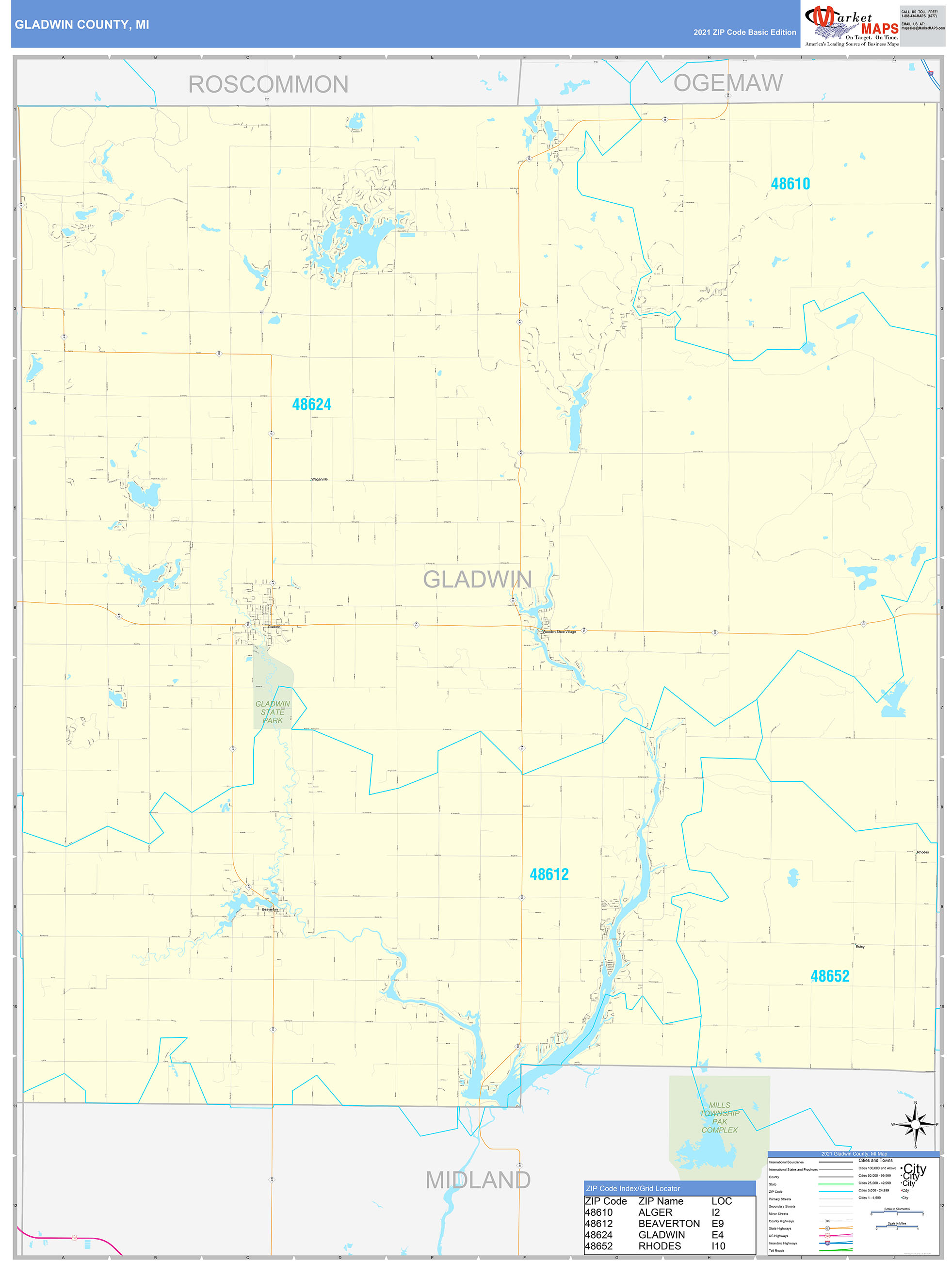 Gladwin County, MI Zip Code Wall Map Basic Style by MarketMAPS