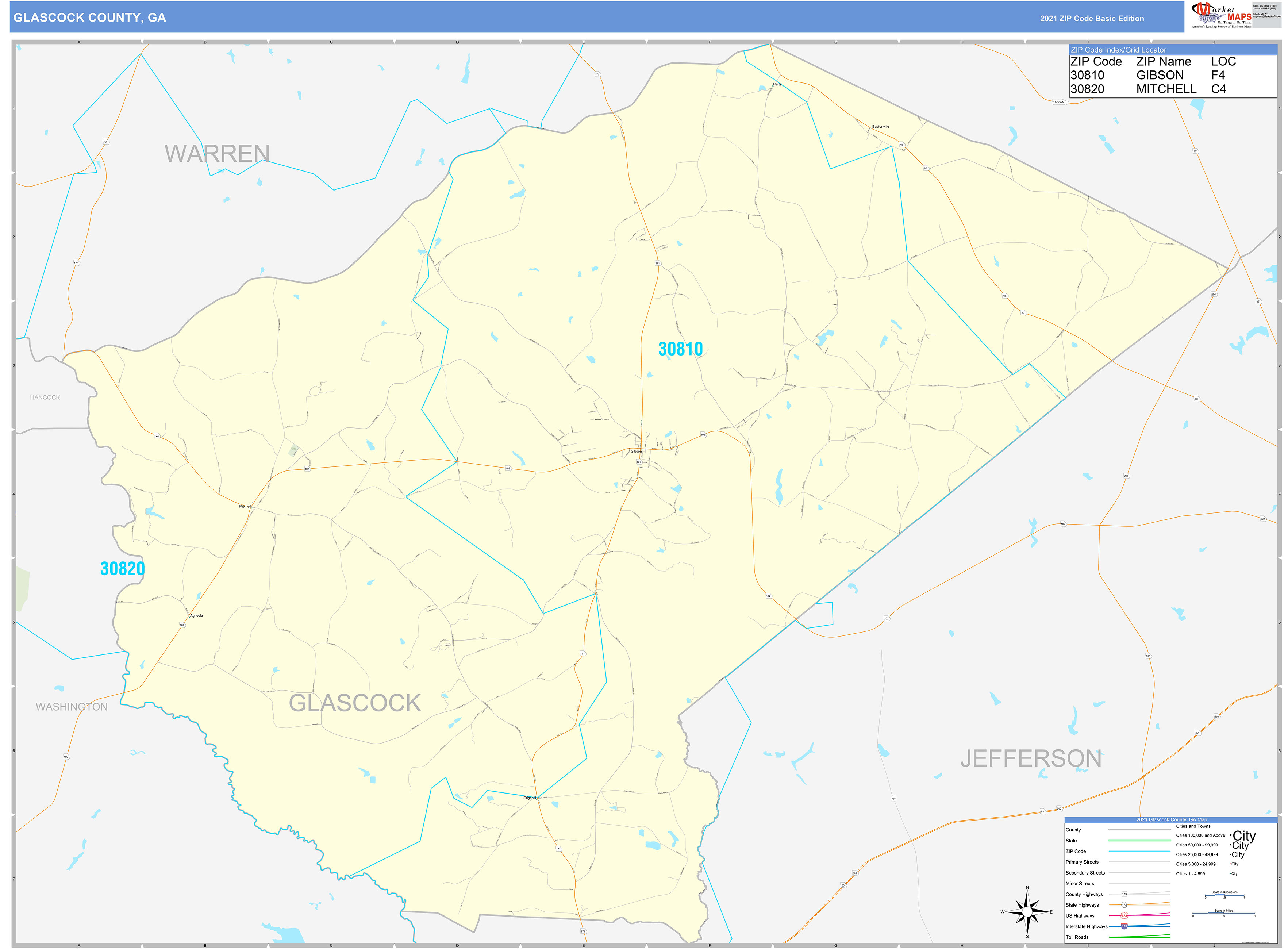 Glascock County, GA Zip Code Wall Map Basic Style by MarketMAPS