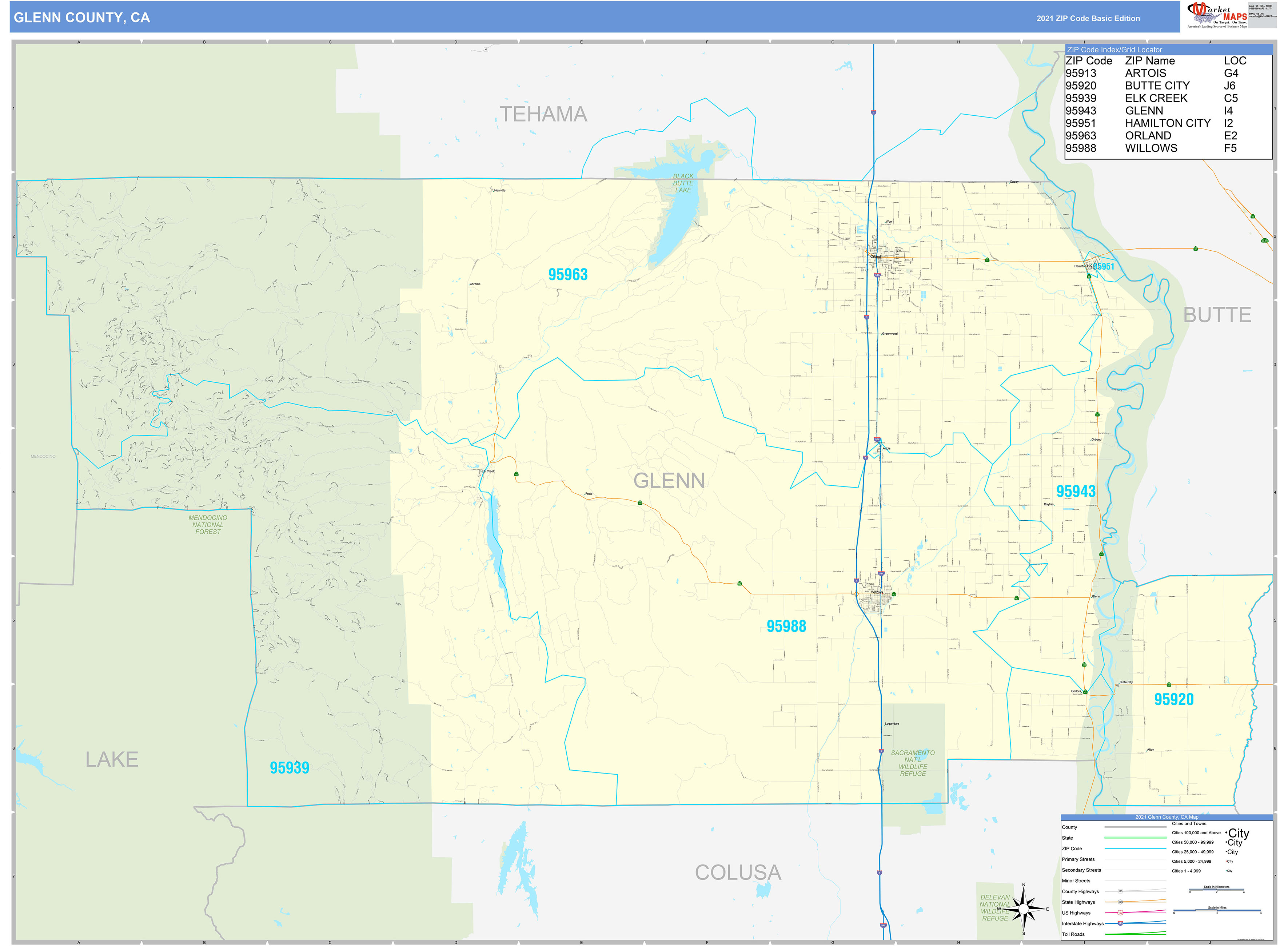 Glenn County, CA Zip Code Wall Map Basic Style by MarketMAPS - MapSales