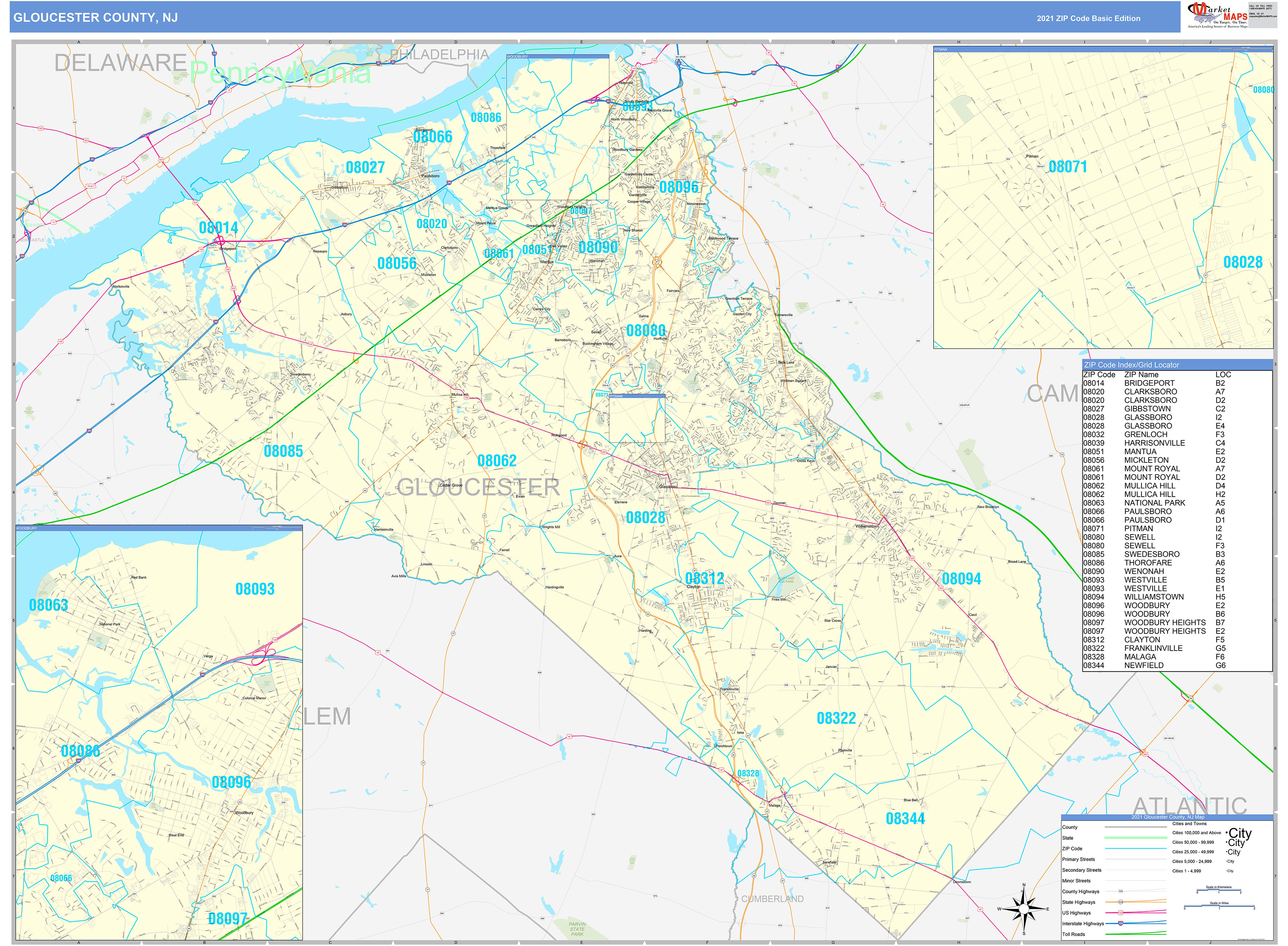 Gloucester County, NJ Zip Code Wall Map Basic Style by MarketMAPS