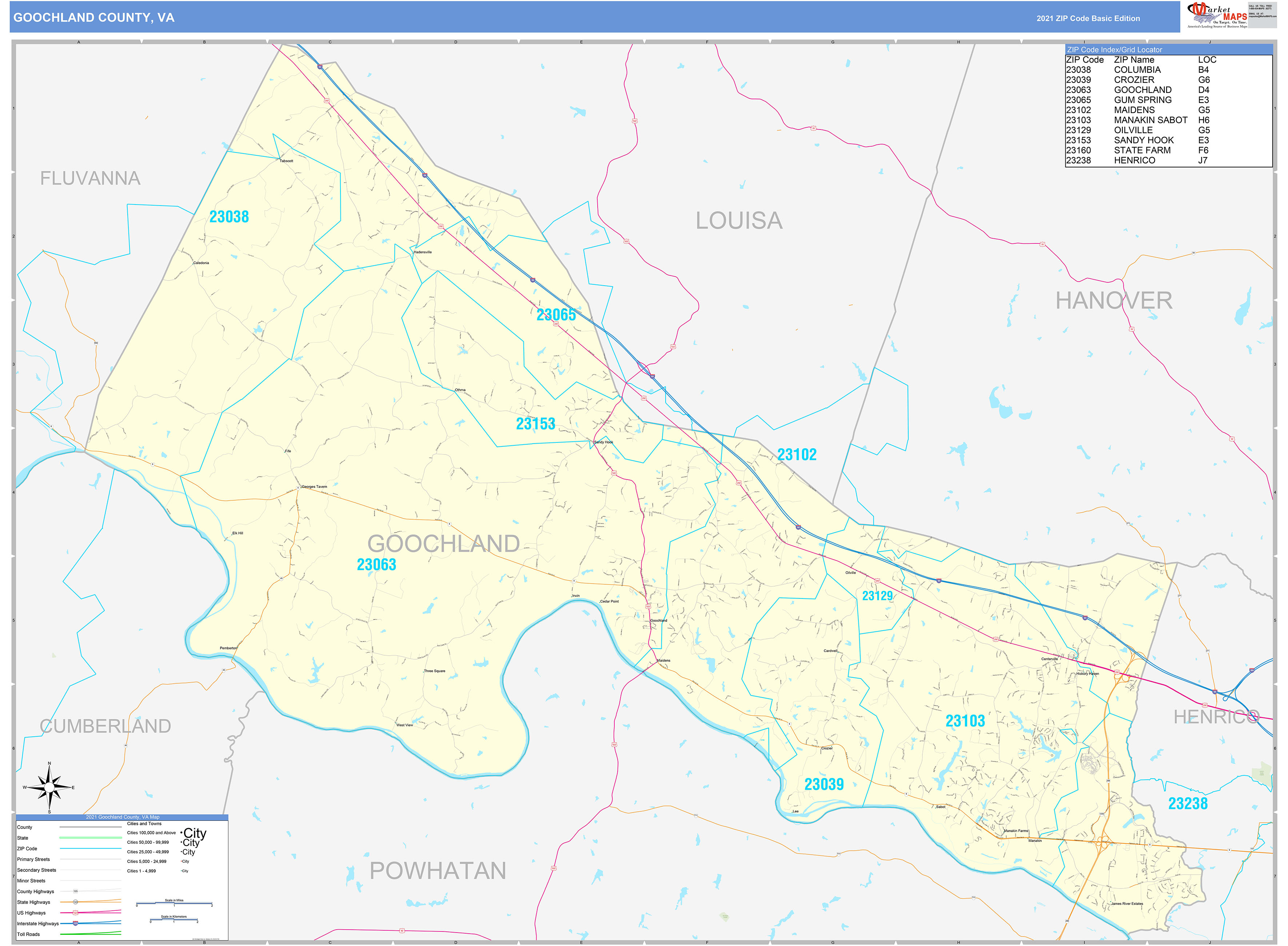 Goochland County, VA Zip Code Wall Map Basic Style by MarketMAPS MapSales