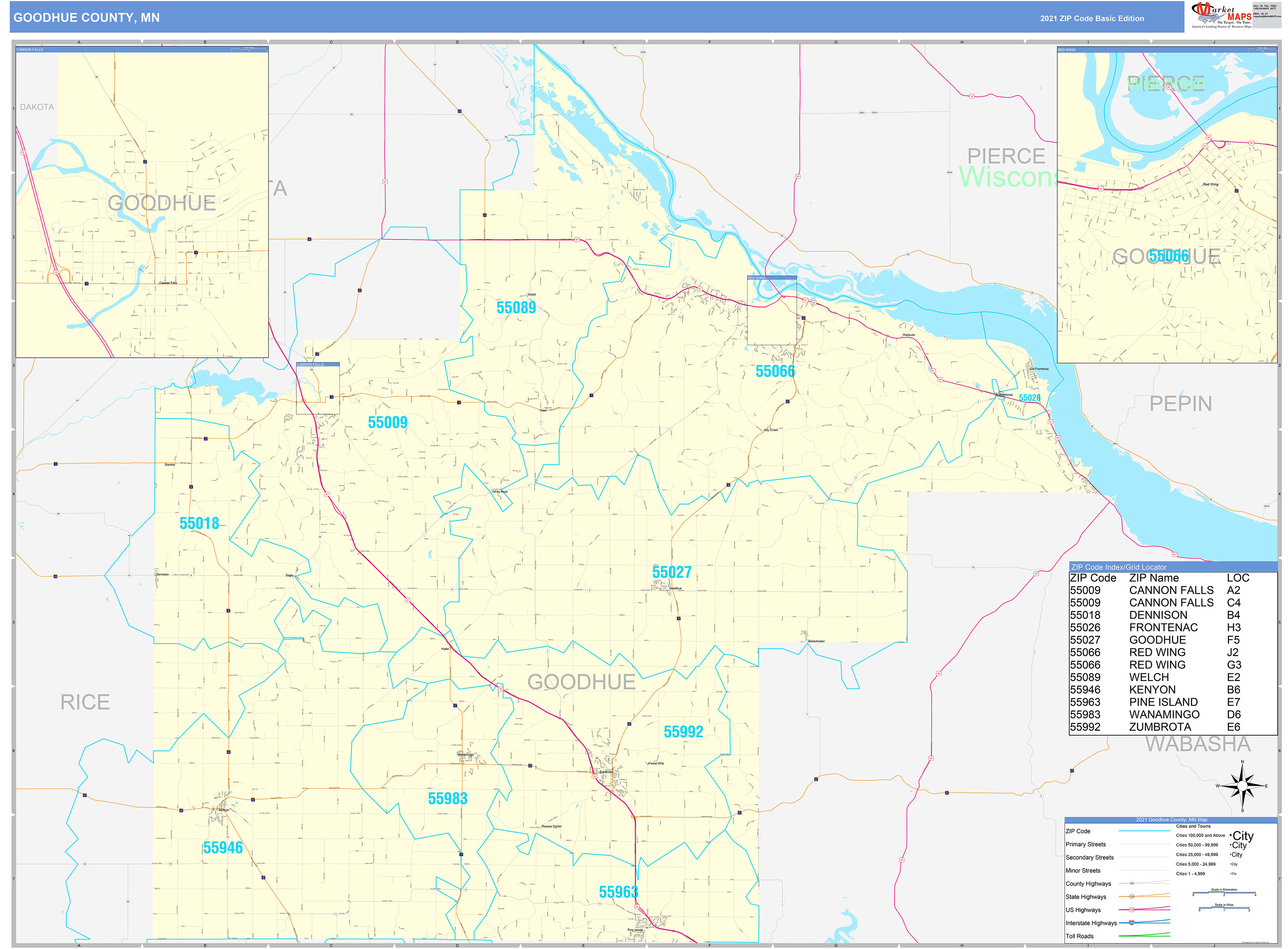 Goodhue County, MN Zip Code Wall Map Basic Style by MarketMAPS
