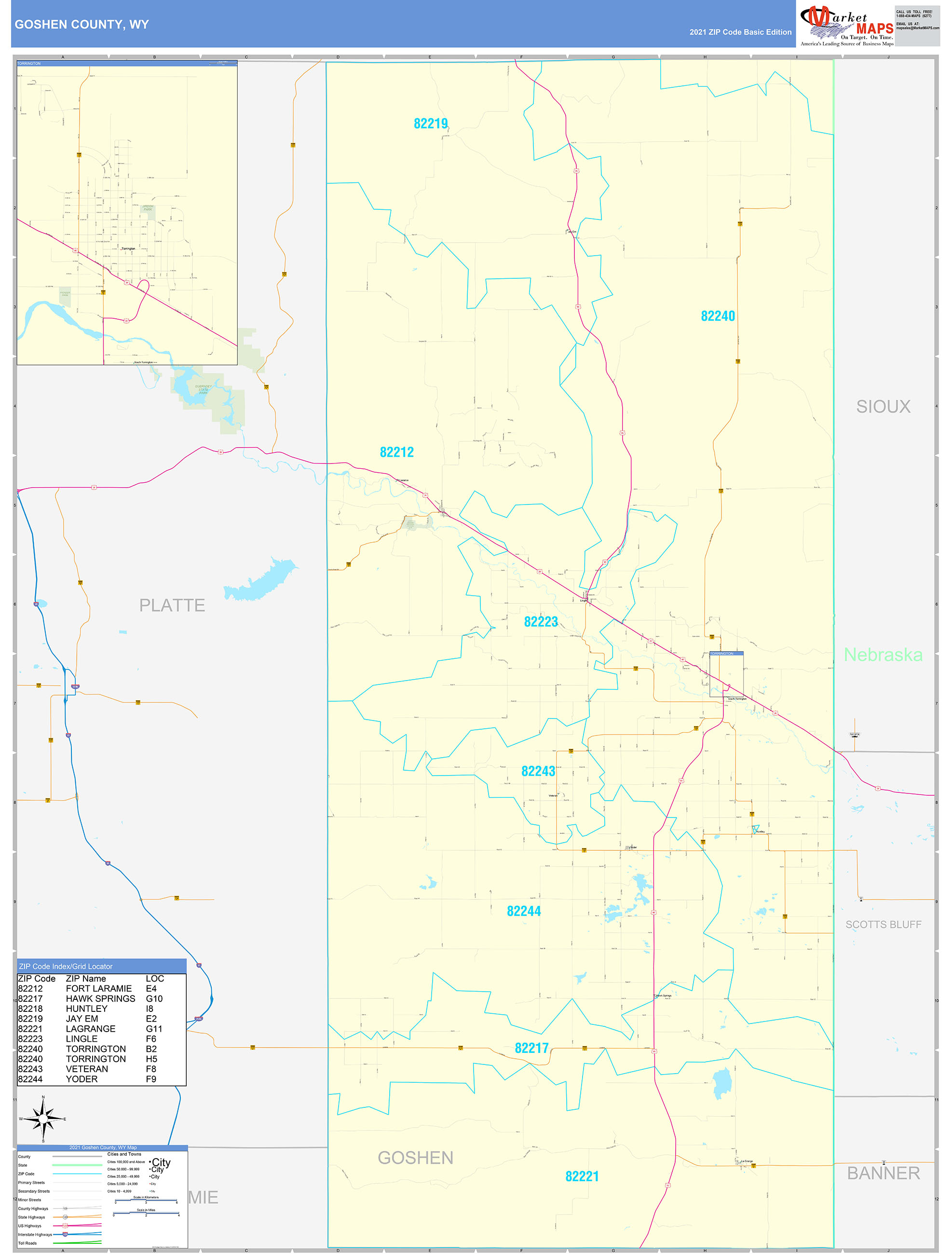 Goshen County, WY Zip Code Wall Map Basic Style by MarketMAPS