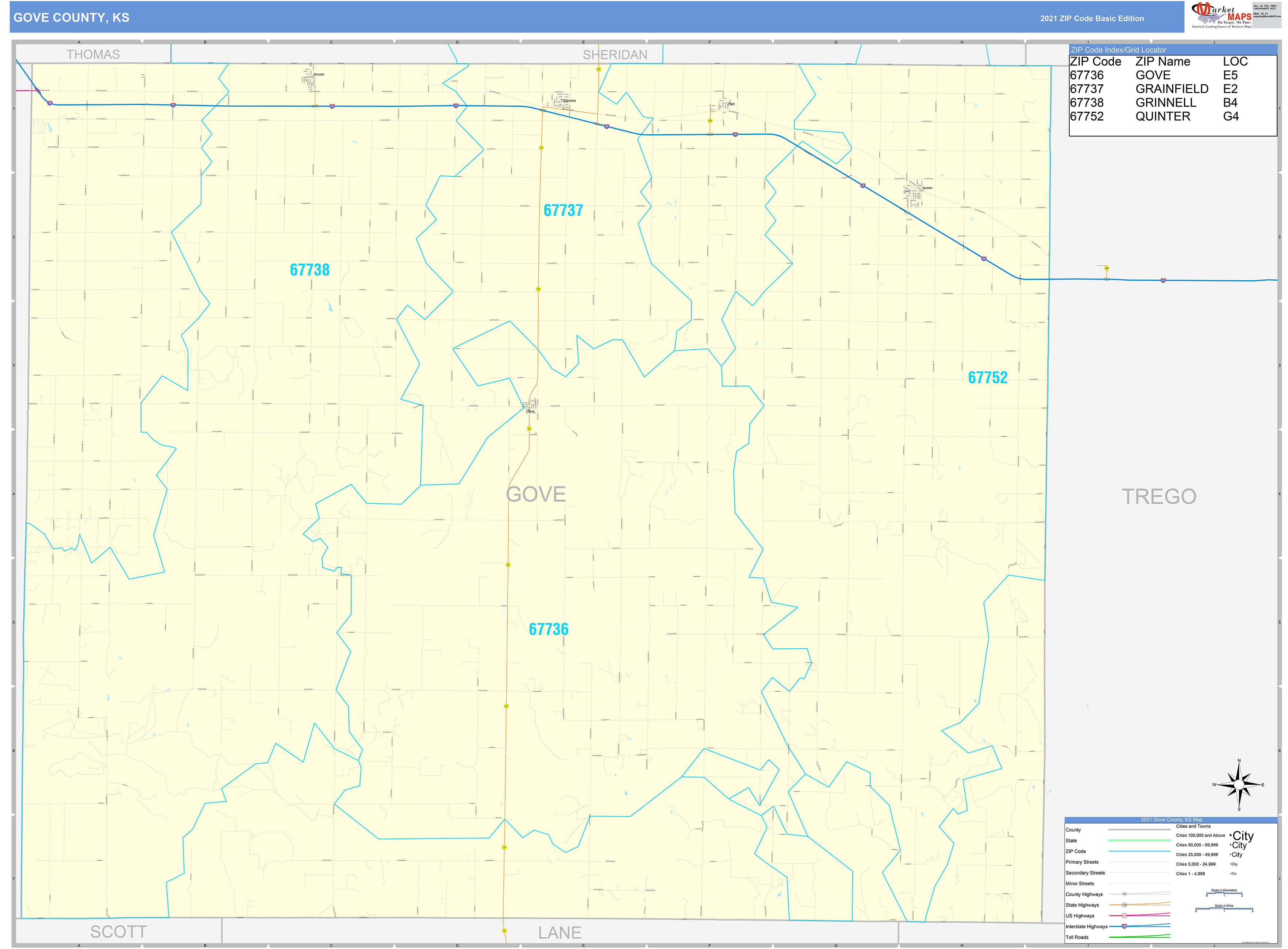 Gove County, KS Zip Code Wall Map Basic Style by MarketMAPS MapSales