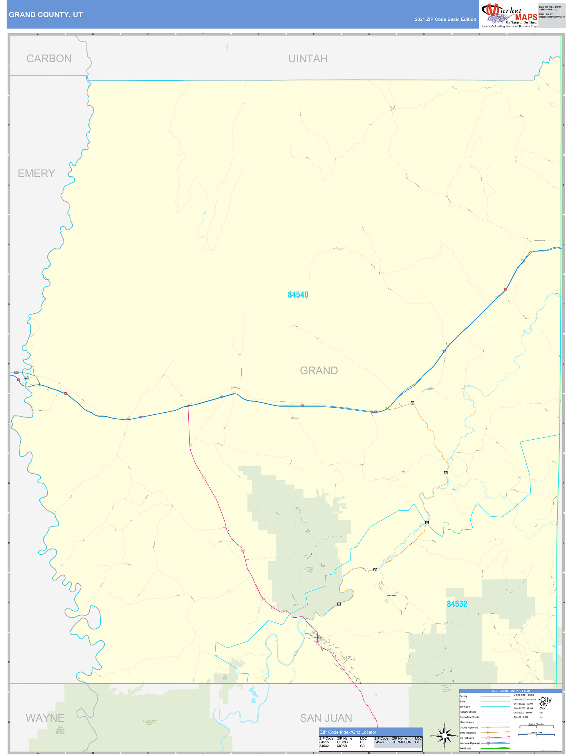 Grand County, UT Zip Code Wall Map Basic Style by MarketMAPS MapSales