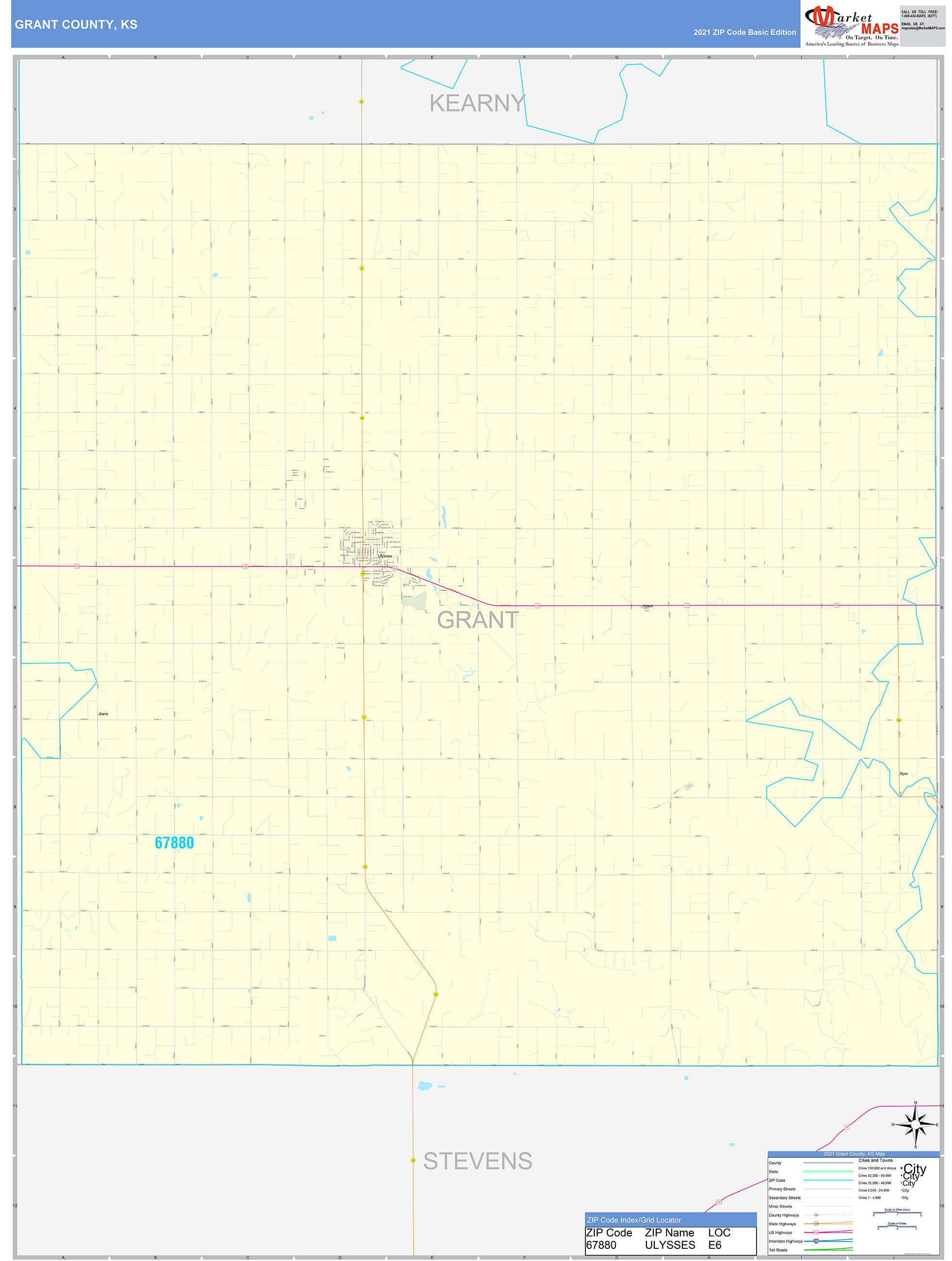 Grant County, KS Zip Code Wall Map Basic Style by MarketMAPS