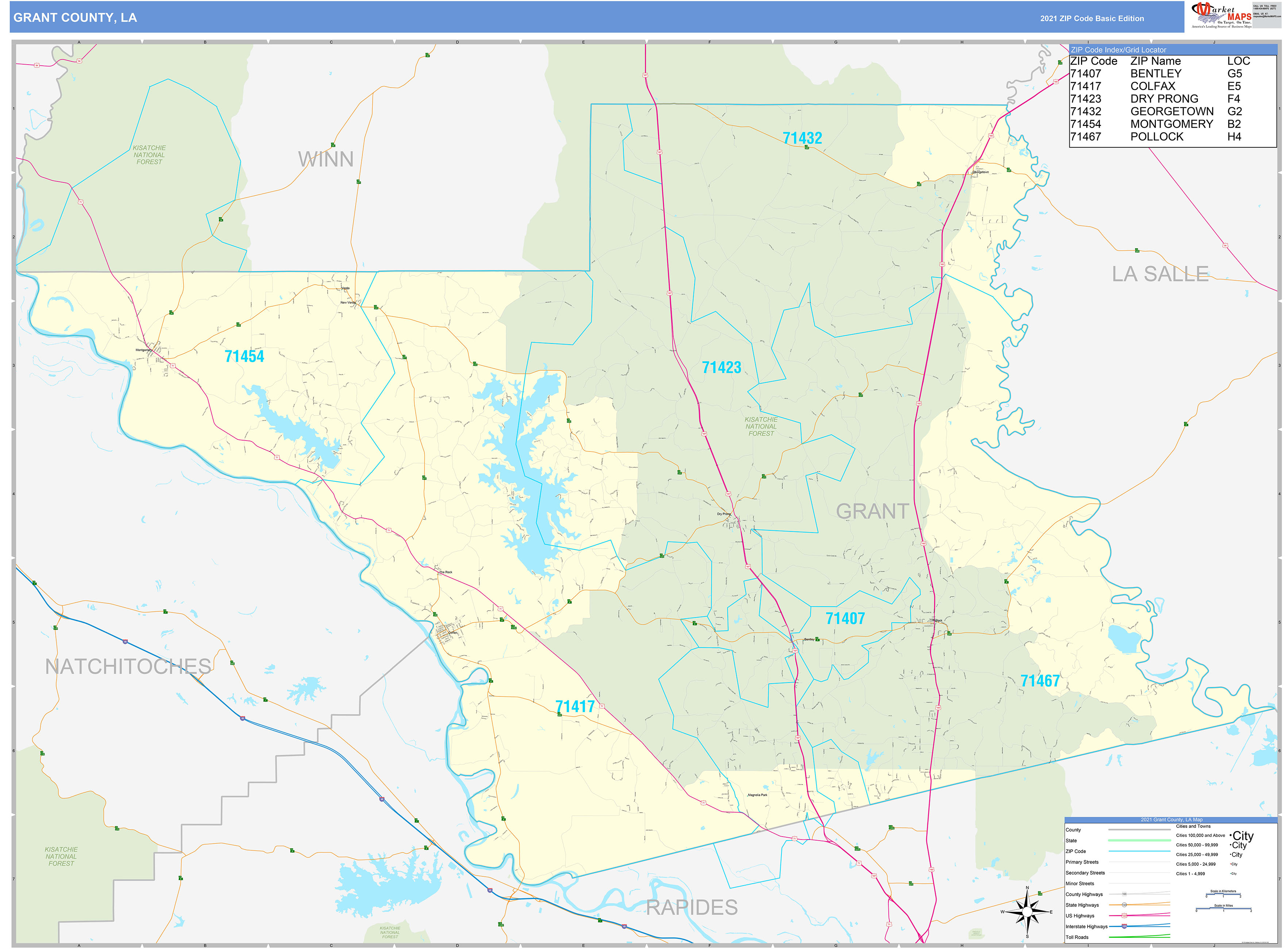 Grant County, LA Zip Code Wall Map Basic Style by MarketMAPS MapSales