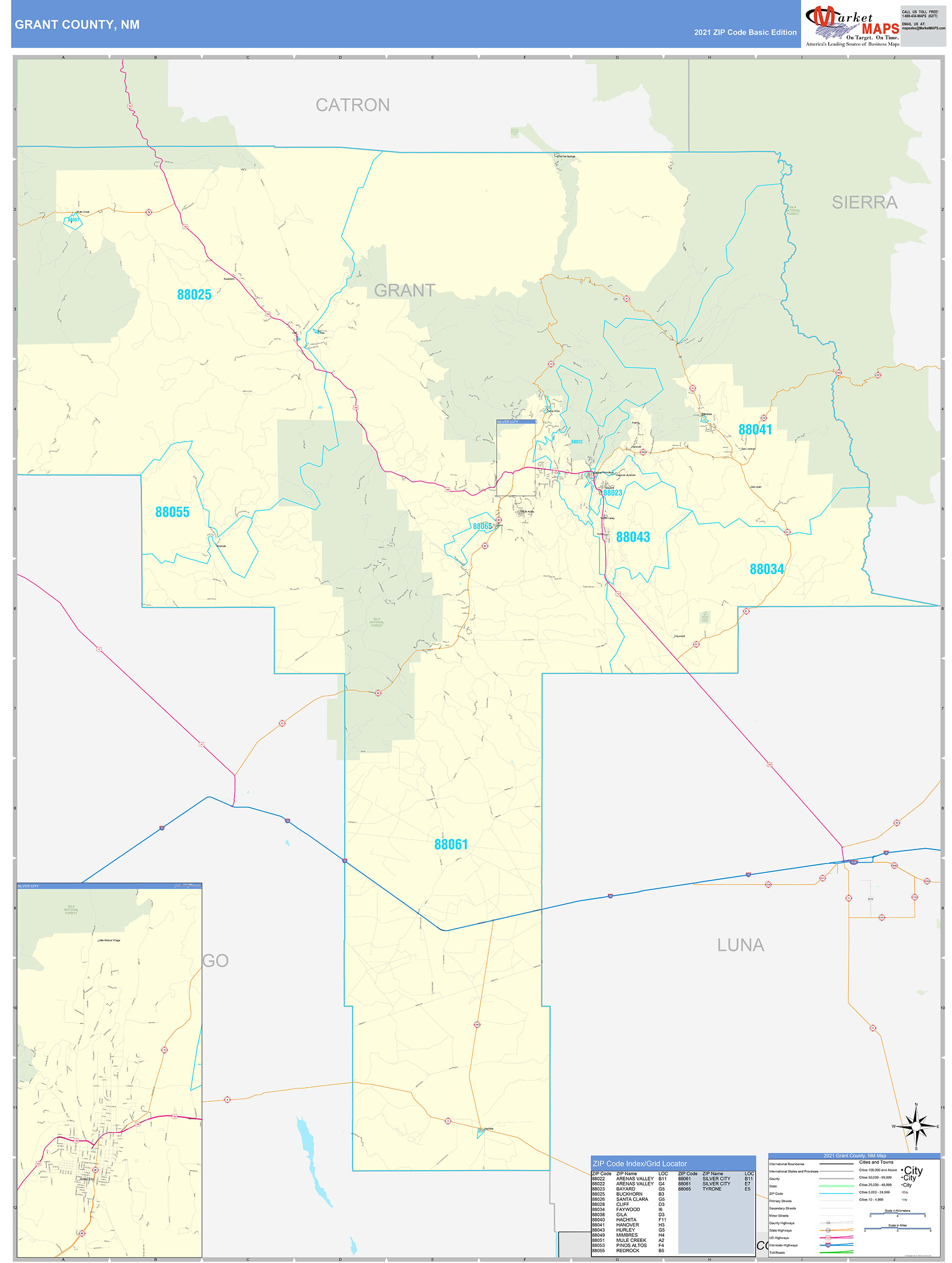 Grant County, NM Zip Code Wall Map Basic Style by MarketMAPS MapSales