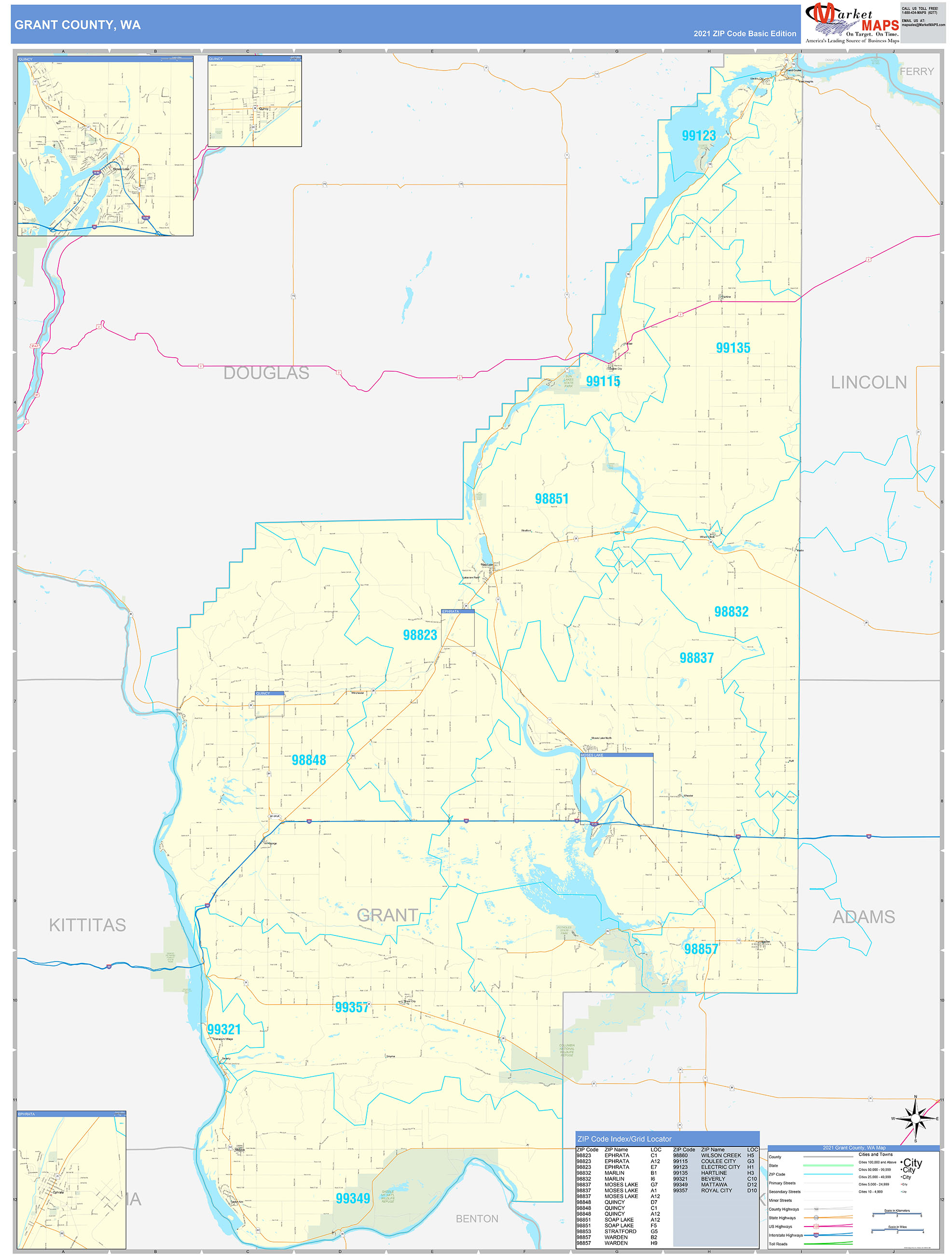 Grant County, WA Zip Code Wall Map Basic Style by MarketMAPS