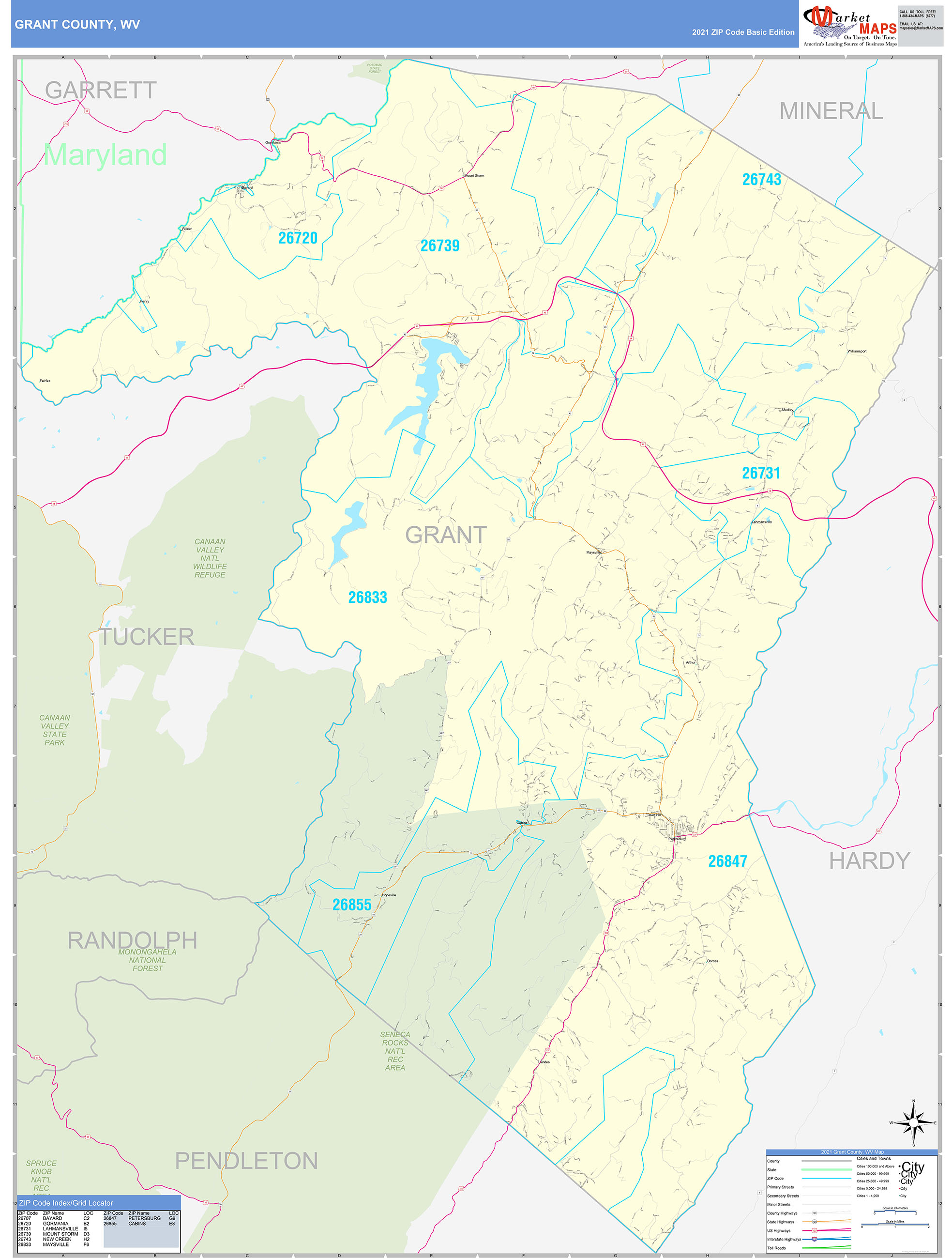 Grant County, WV Zip Code Wall Map Basic Style by MarketMAPS MapSales