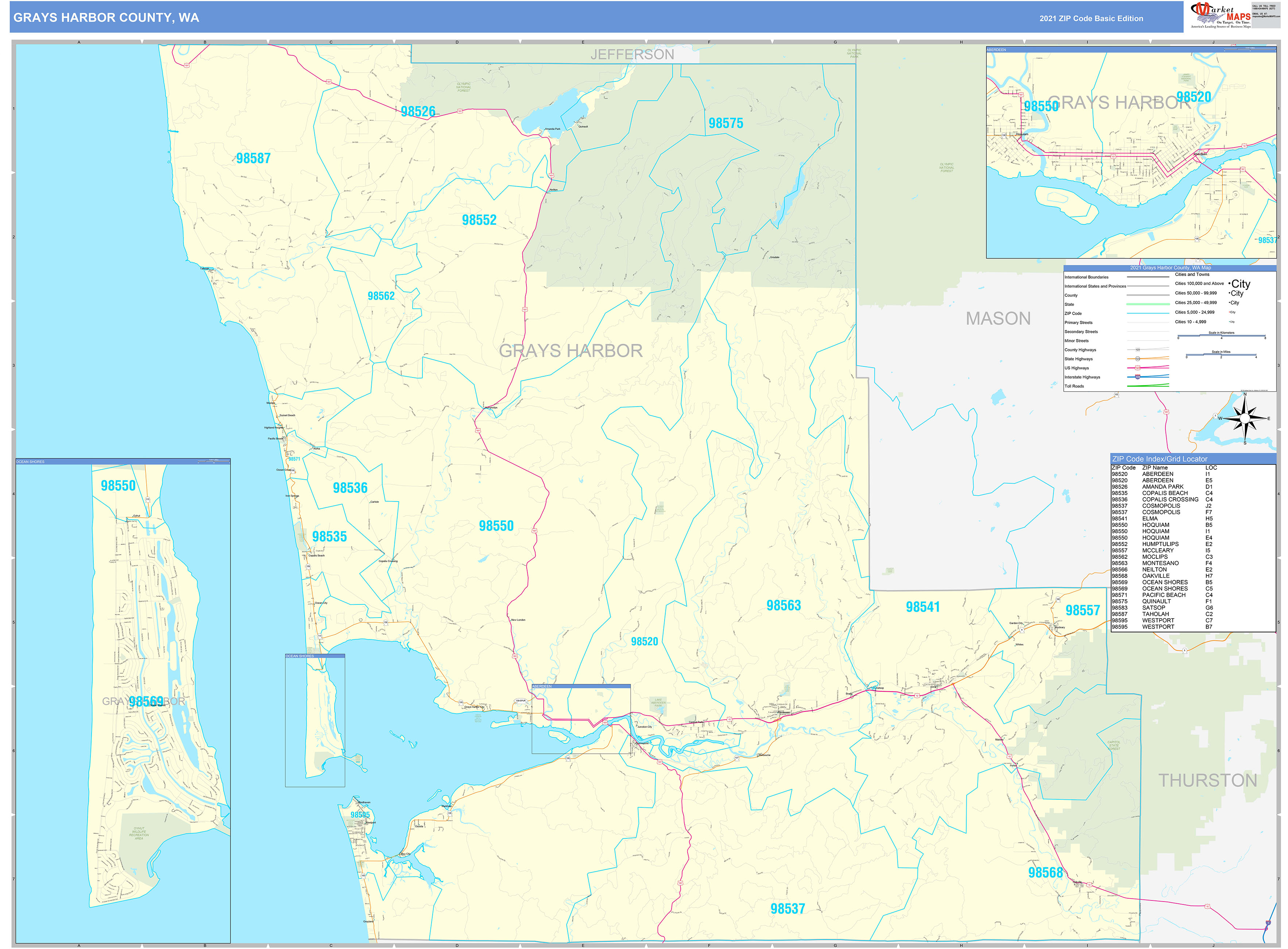 Grays Harbor County, WA Zip Code Wall Map Basic Style by MarketMAPS
