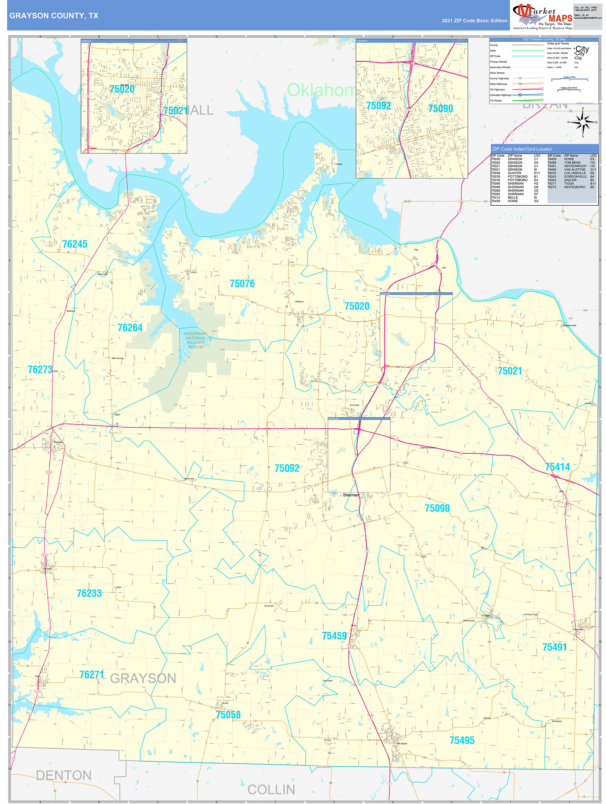 Grayson County, TX Zip Code Wall Map Basic Style by MarketMAPS MapSales