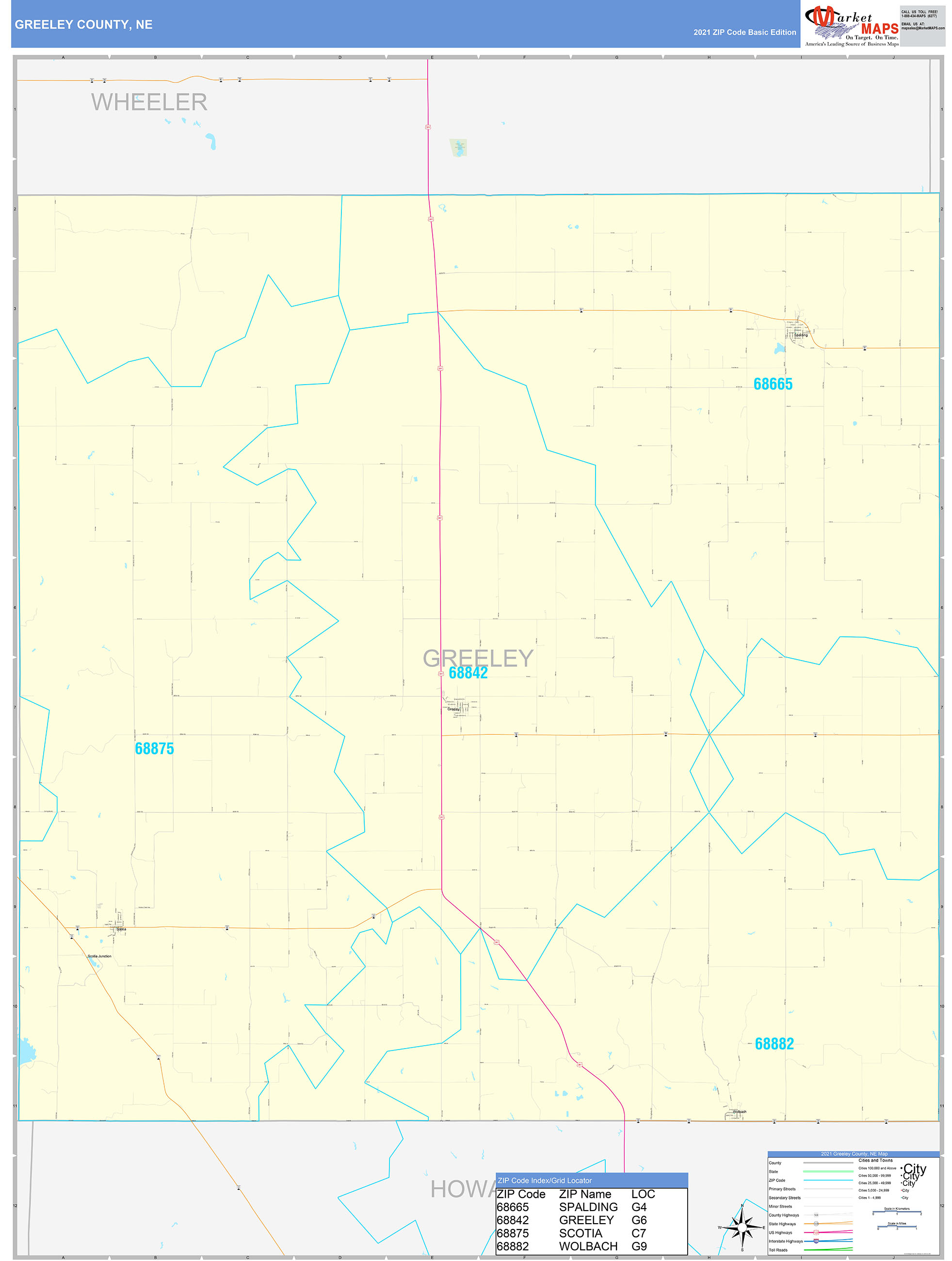 Greeley County, NE Zip Code Wall Map Basic Style by MarketMAPS