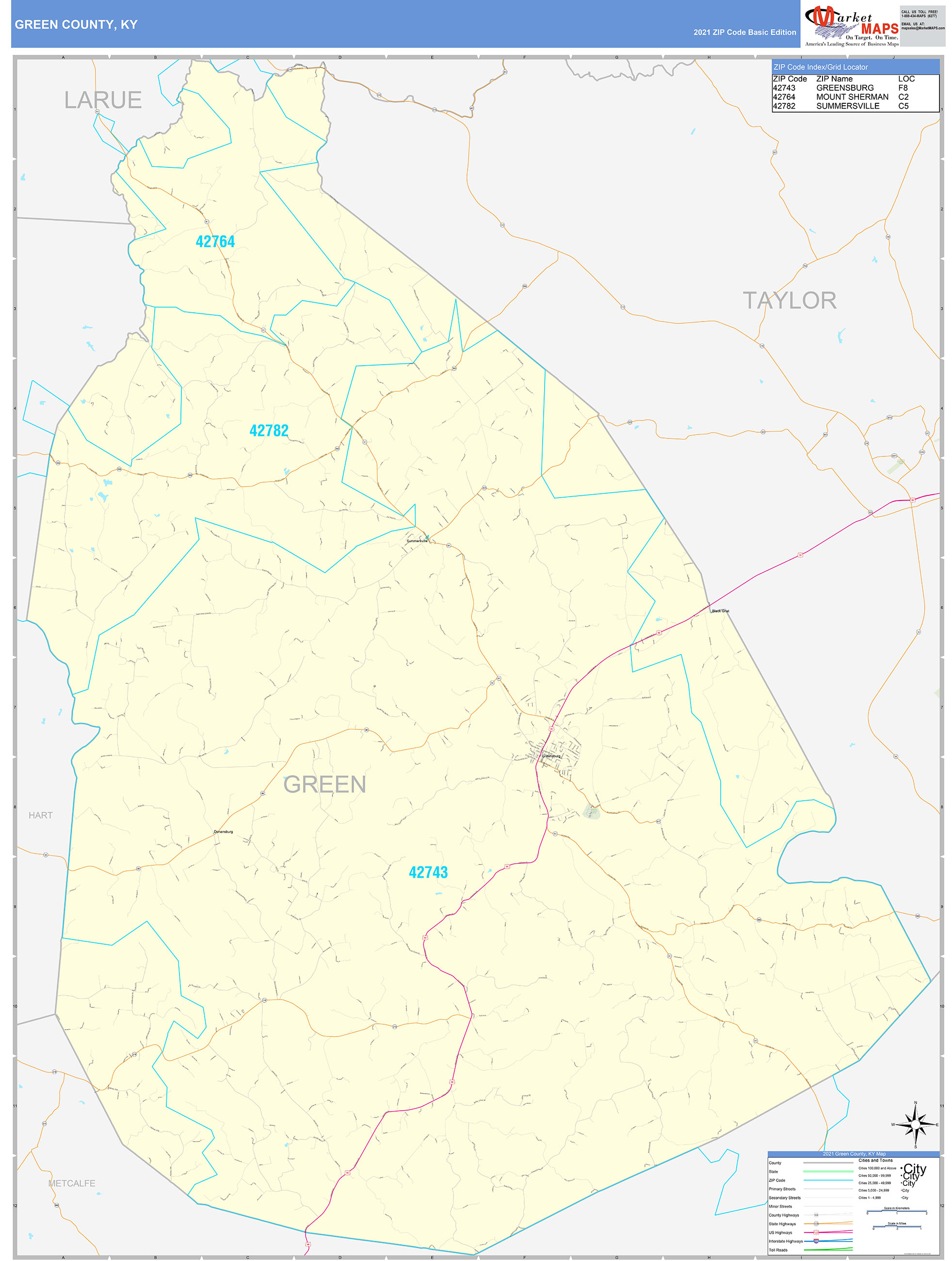 Green County, KY Zip Code Wall Map Basic Style by MarketMAPS MapSales