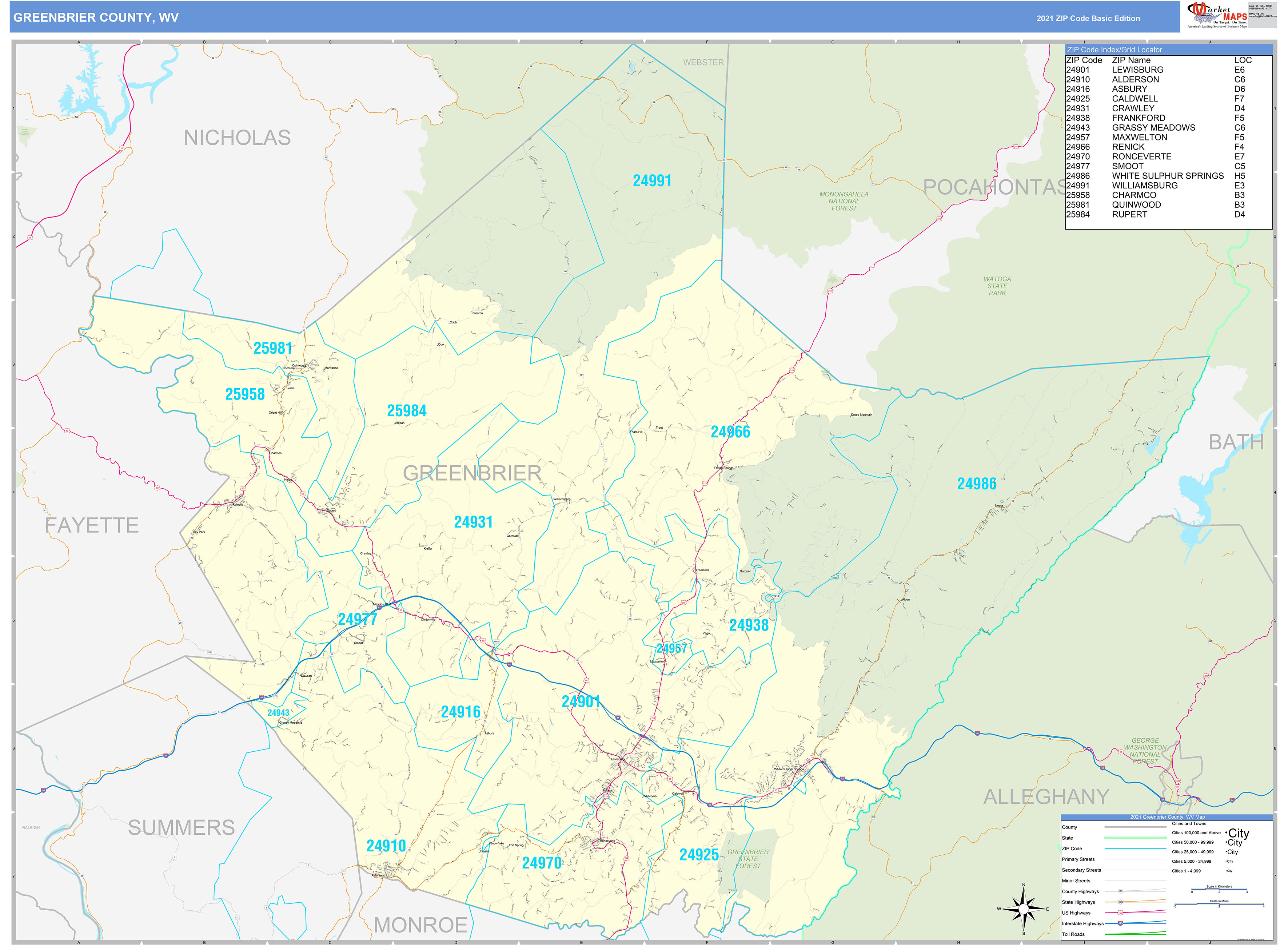 Greenbrier County, WV Zip Code Wall Map Basic Style by MarketMAPS