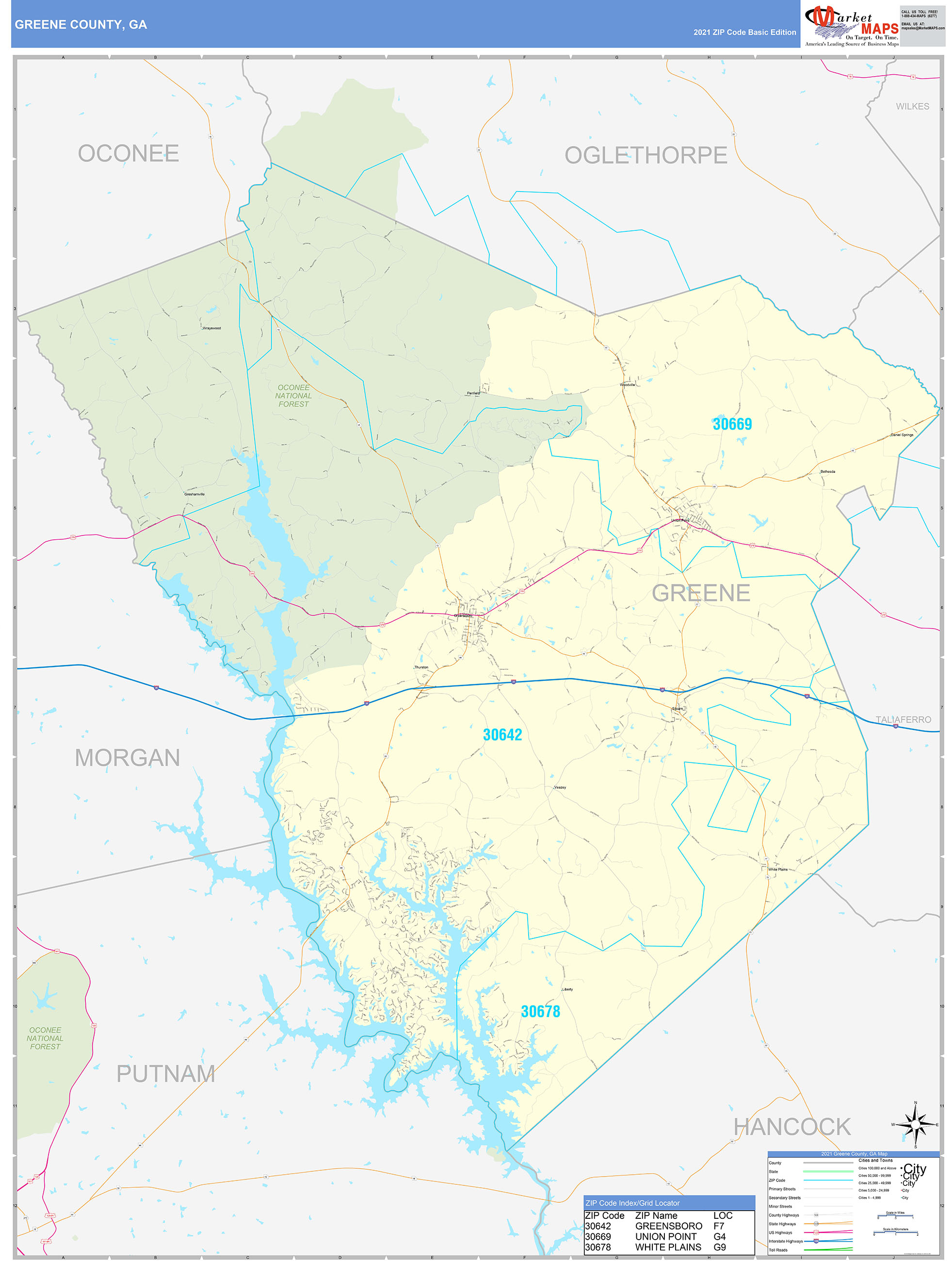 Greene County, GA Zip Code Wall Map Basic Style by MarketMAPS MapSales